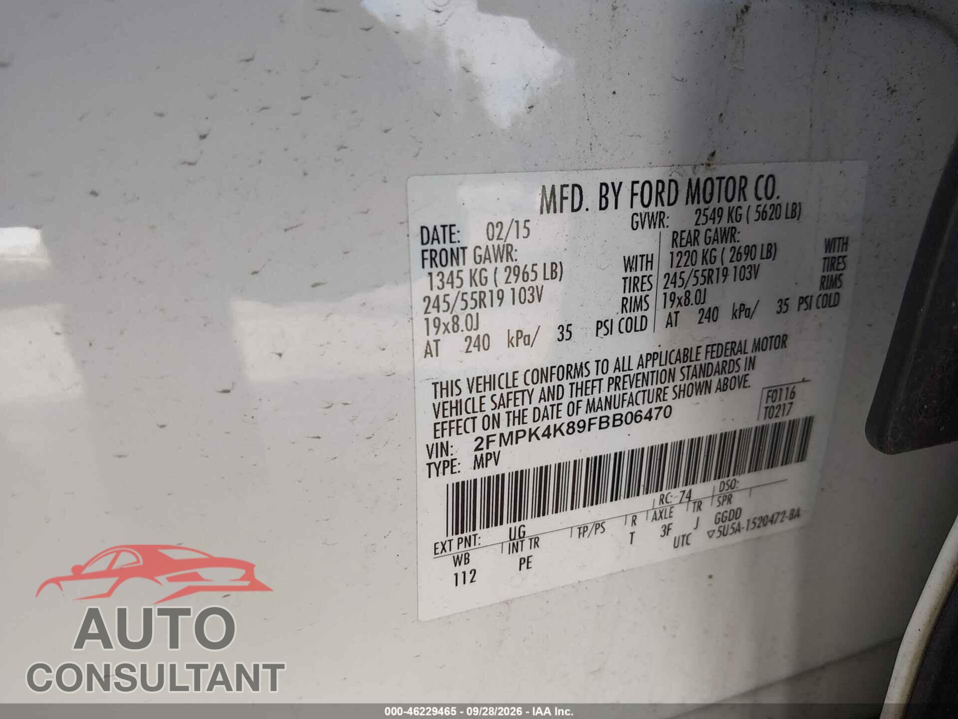 FORD EDGE 2015 - 2FMPK4K89FBB06470