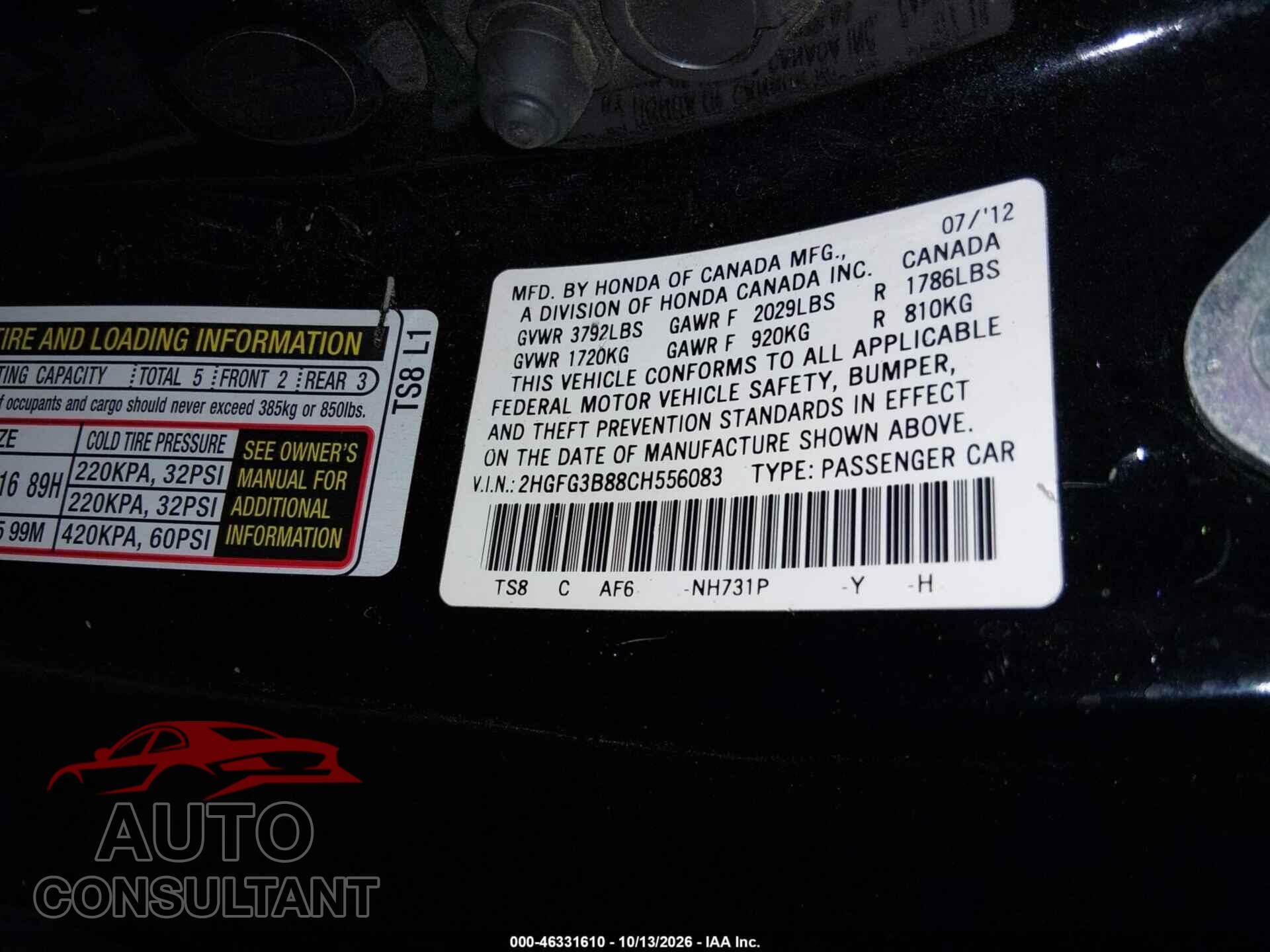 HONDA CIVIC 2012 - 2HGFG3B88CH556083