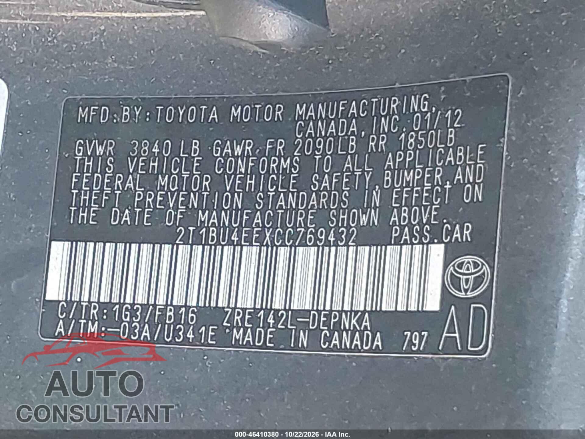 TOYOTA COROLLA 2012 - 2T1BU4EEXCC769432