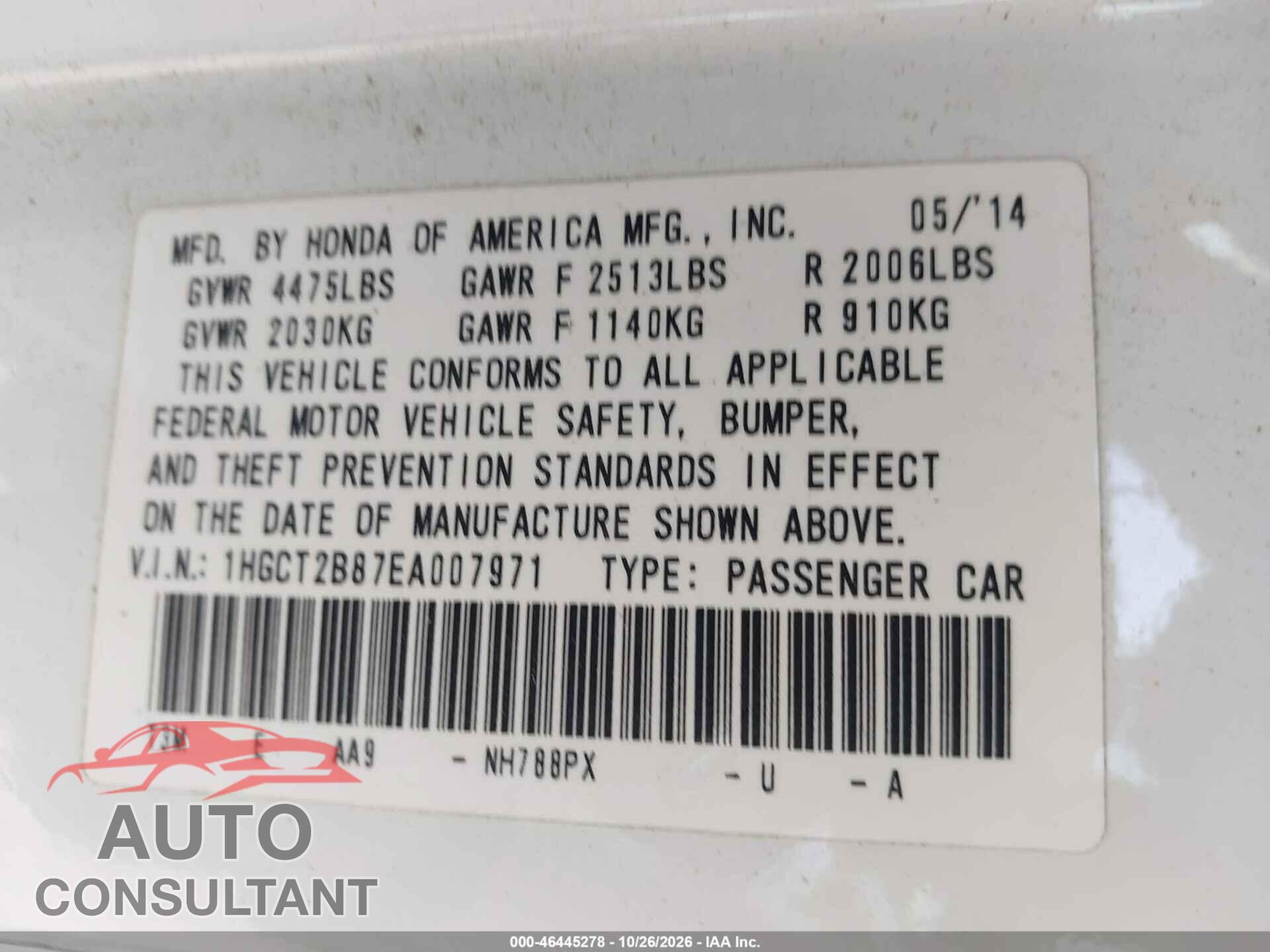 HONDA ACCORD 2014 - 1HGCT2B87EA007971