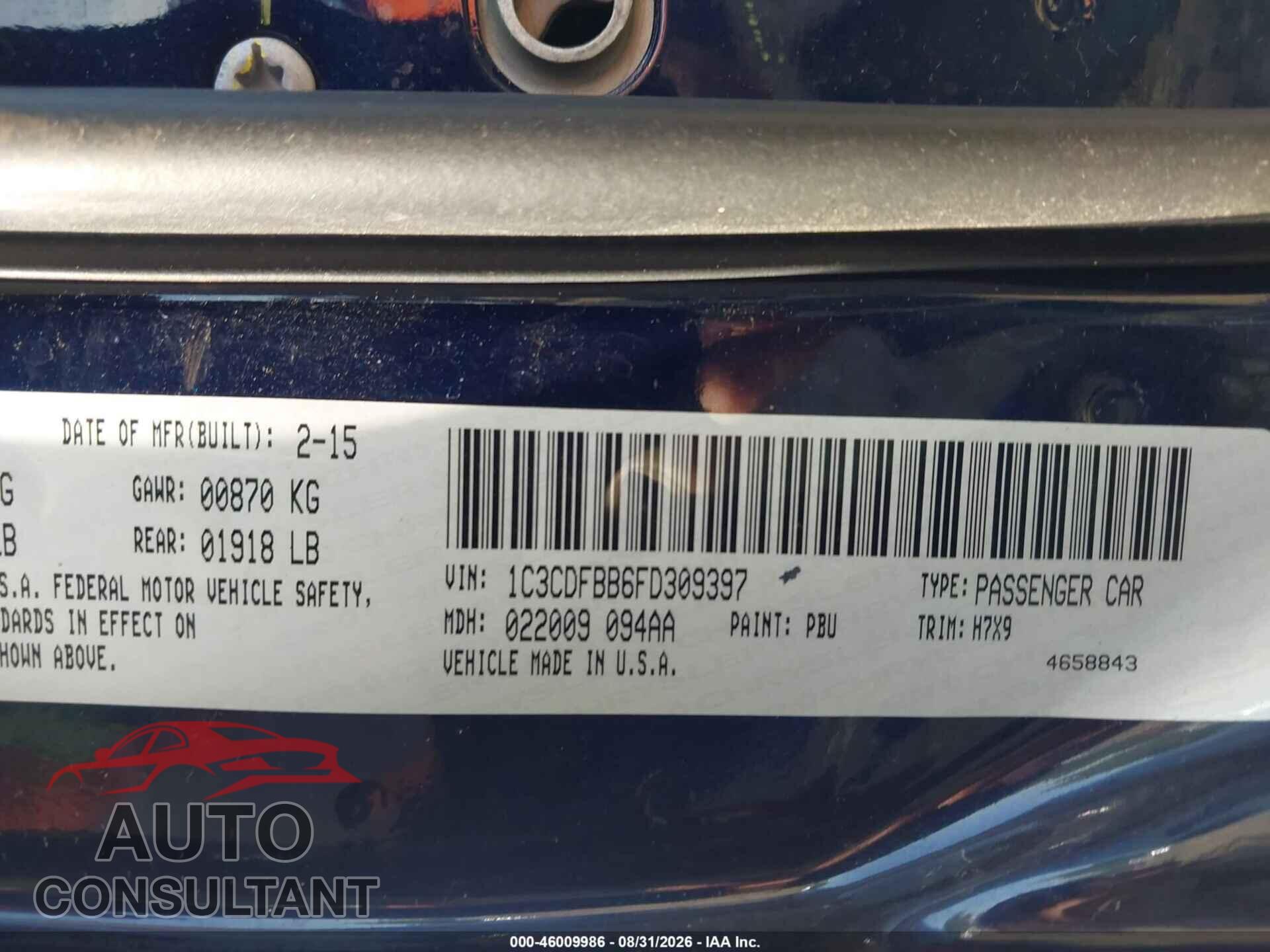 DODGE DART 2015 - 1C3CDFBB6FD309397