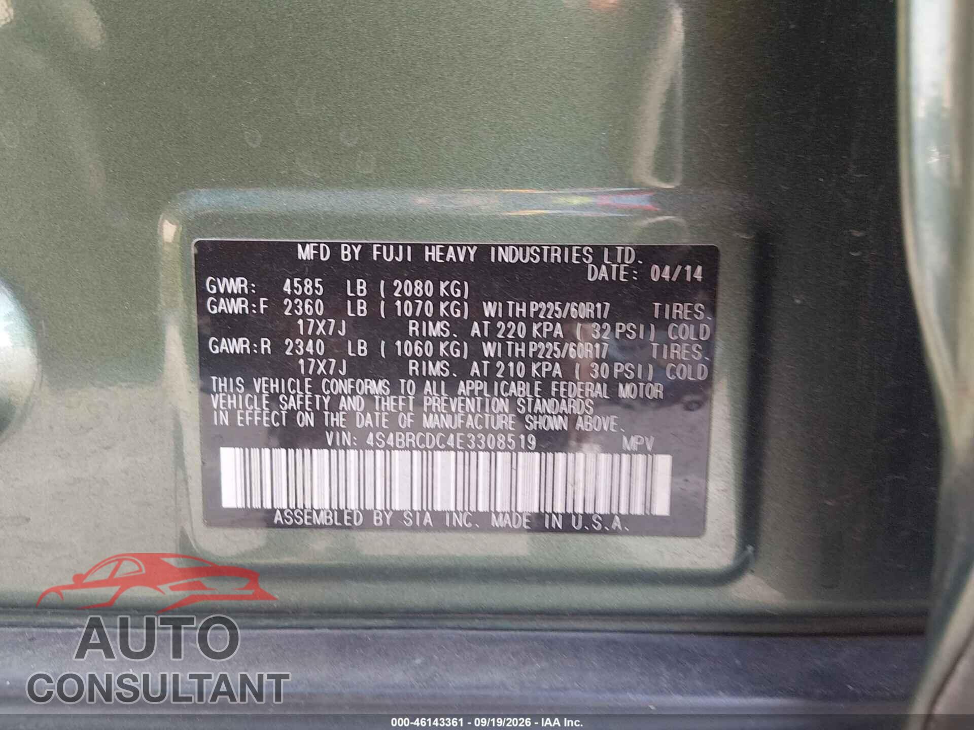 SUBARU OUTBACK 2014 - 4S4BRCDC4E3308519