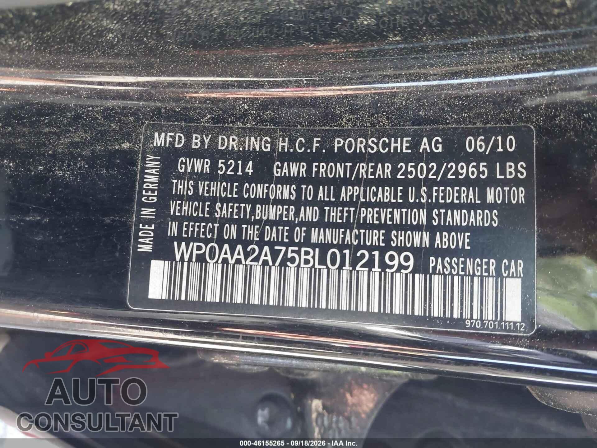 PORSCHE PANAMERA 2011 - WP0AA2A75BL012199