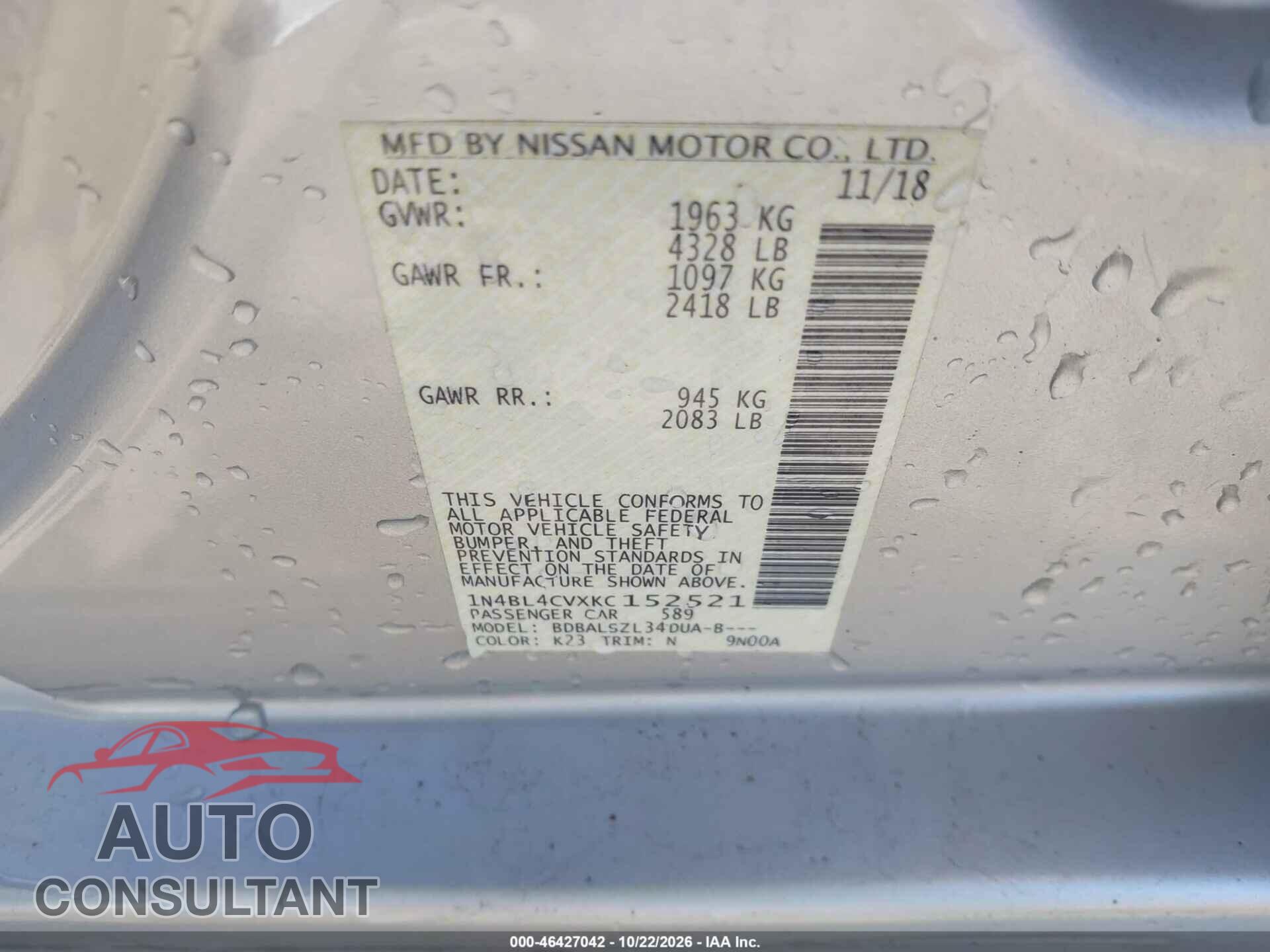 NISSAN ALTIMA 2019 - 1N4BL4CVXKC152521