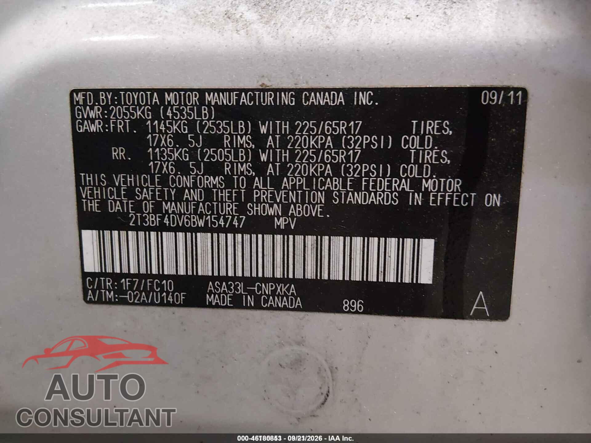 TOYOTA RAV4 2011 - 2T3BF4DV6BW154747