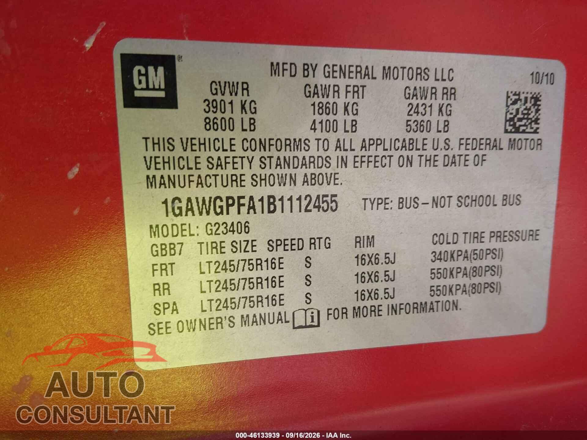 CHEVROLET EXPRESS 2500 2011 - 1GAWGPFA1B1112455