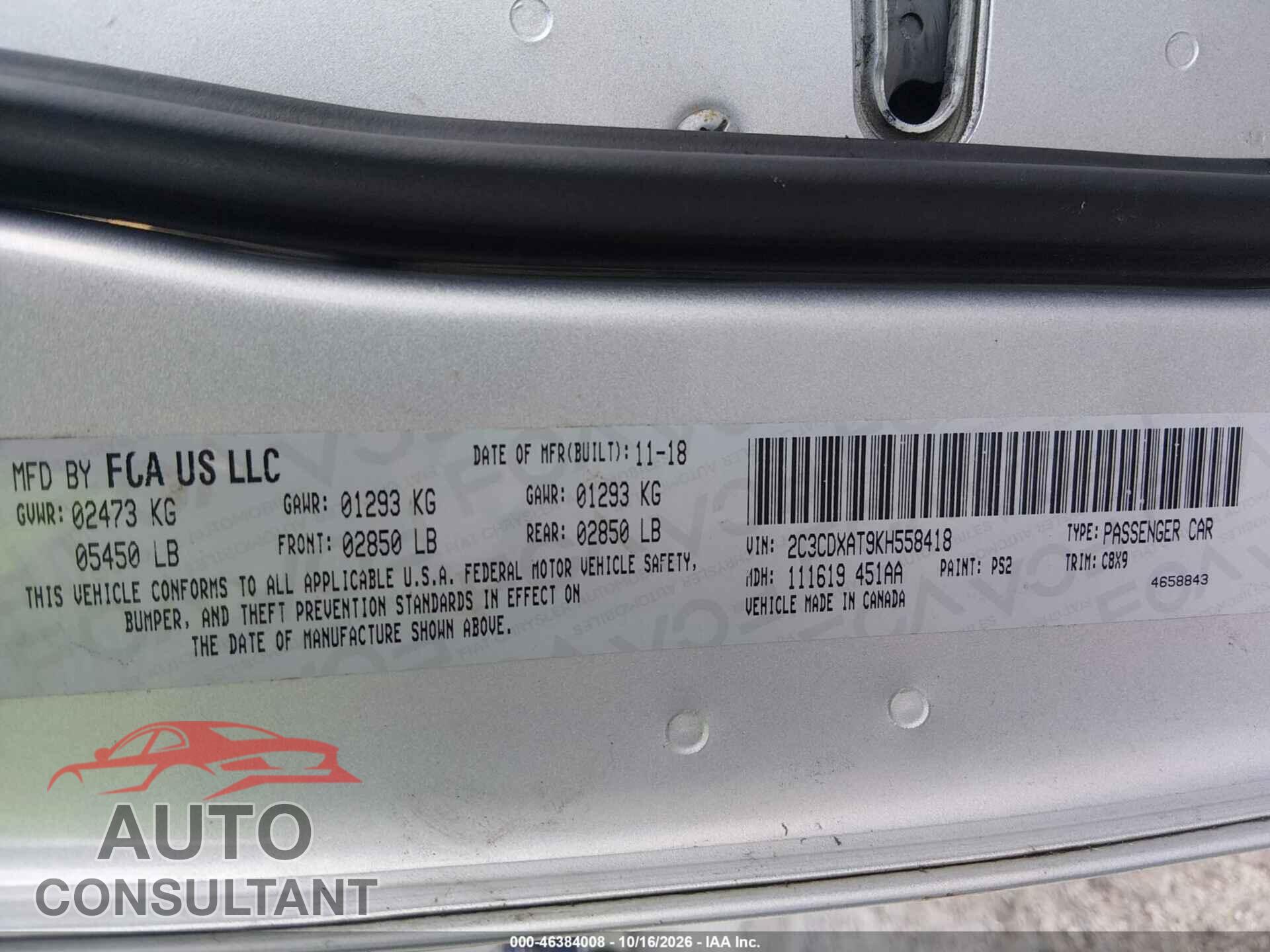 DODGE CHARGER 2019 - 2C3CDXAT9KH558418