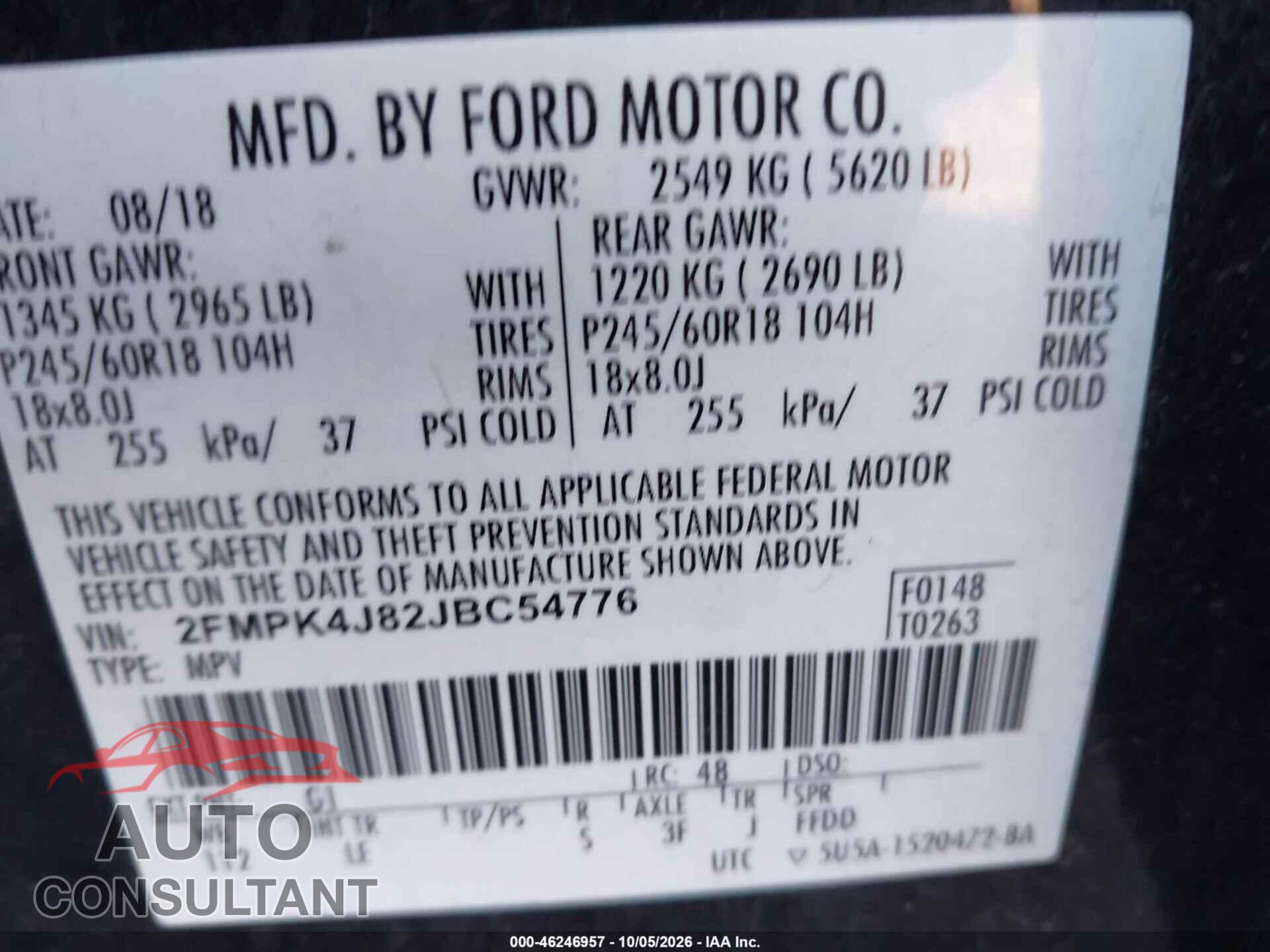 FORD EDGE 2018 - 2FMPK4J82JBC54776