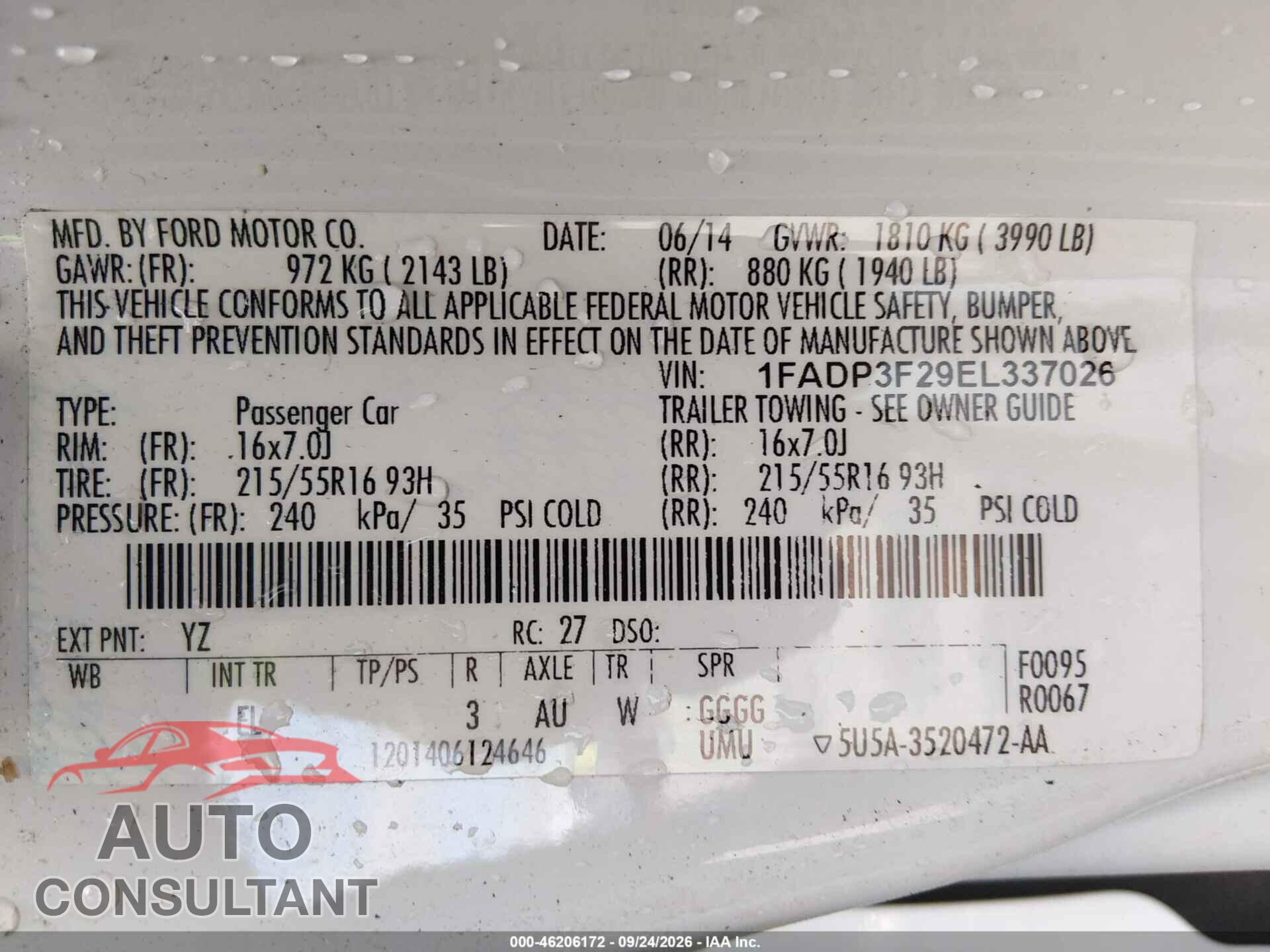 FORD FOCUS 2014 - 1FADP3F29EL337026