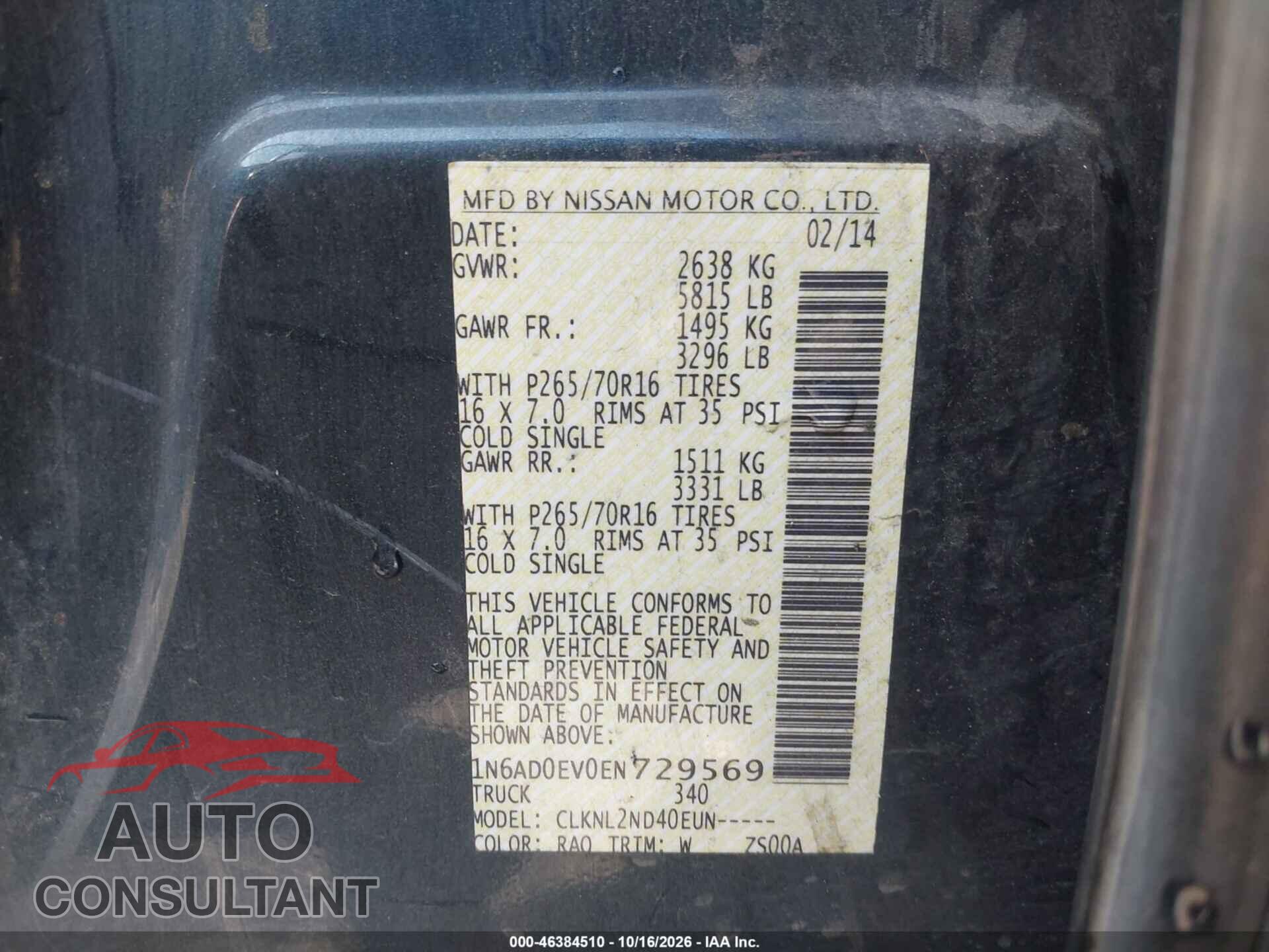 NISSAN FRONTIER 2014 - 1N6AD0EV0EN729569