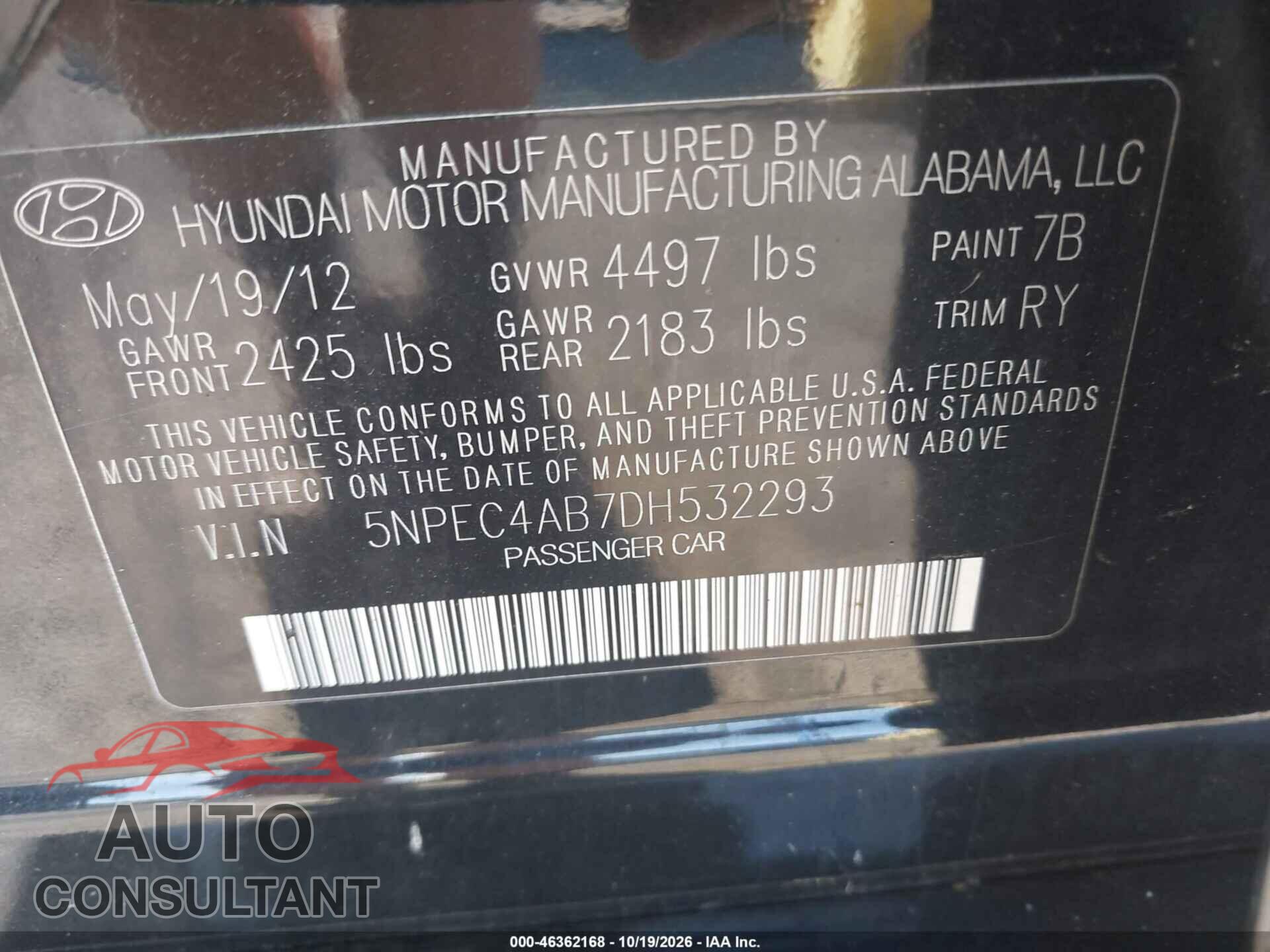 HYUNDAI SONATA 2013 - 5NPEC4AB7DH532293