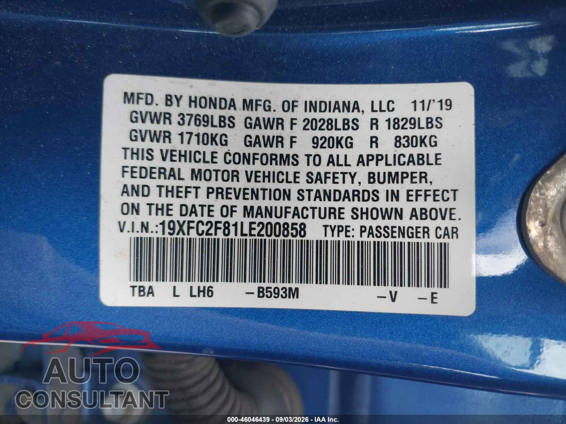 HONDA CIVIC 2020 - 19XFC2F81LE200858