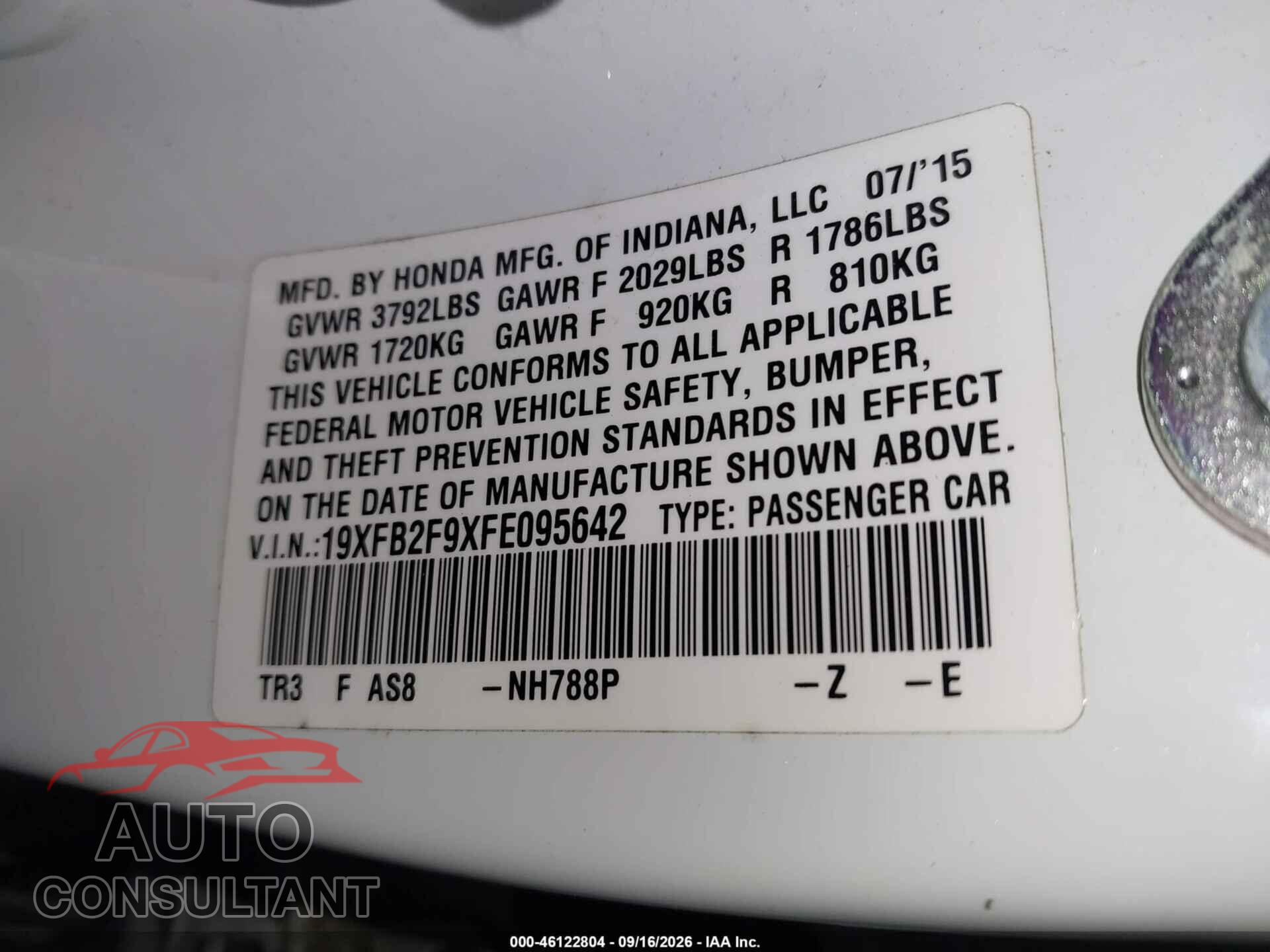 HONDA CIVIC 2015 - 19XFB2F9XFE095642