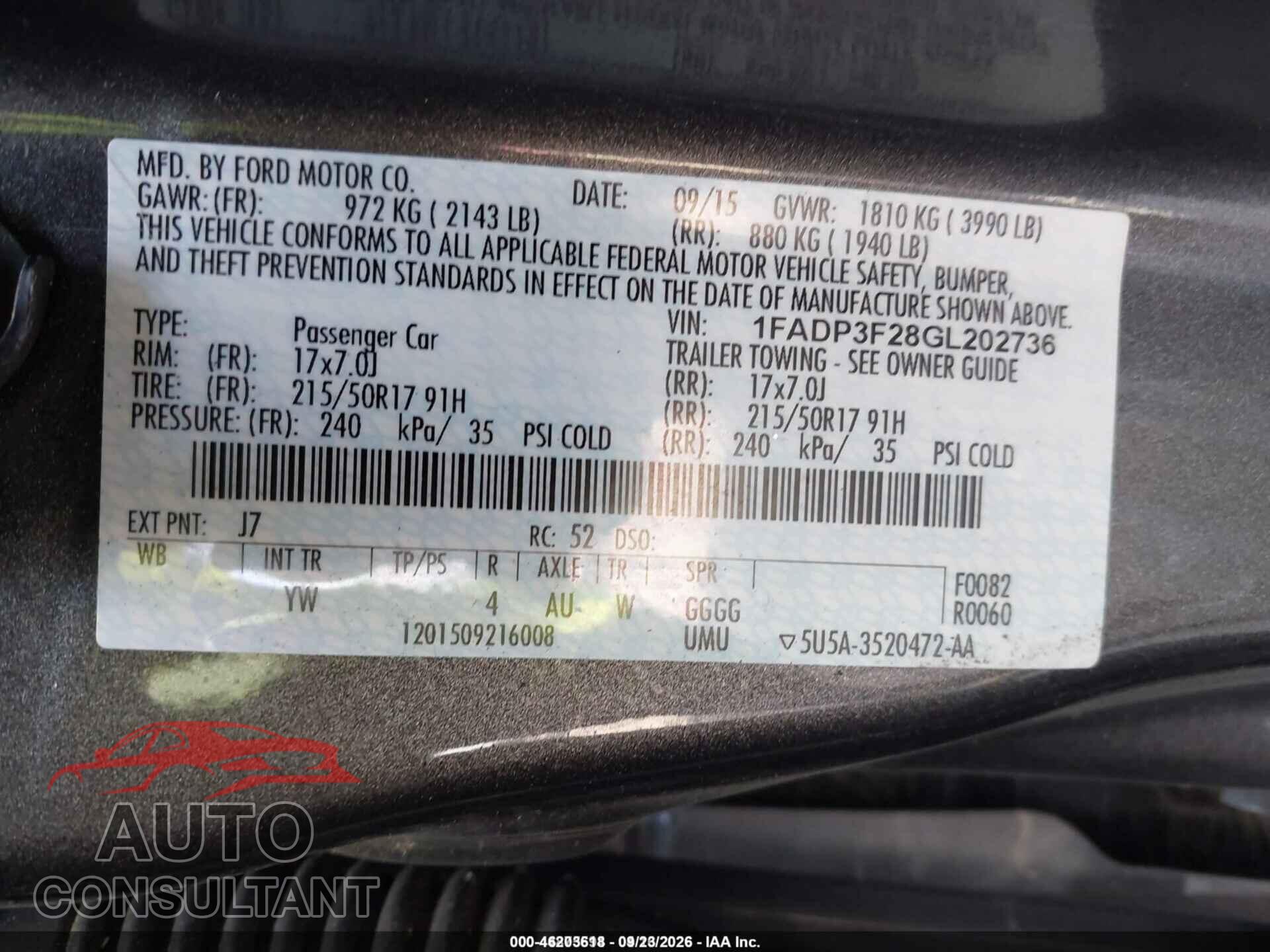 FORD FOCUS 2016 - 1FADP3F28GL202736