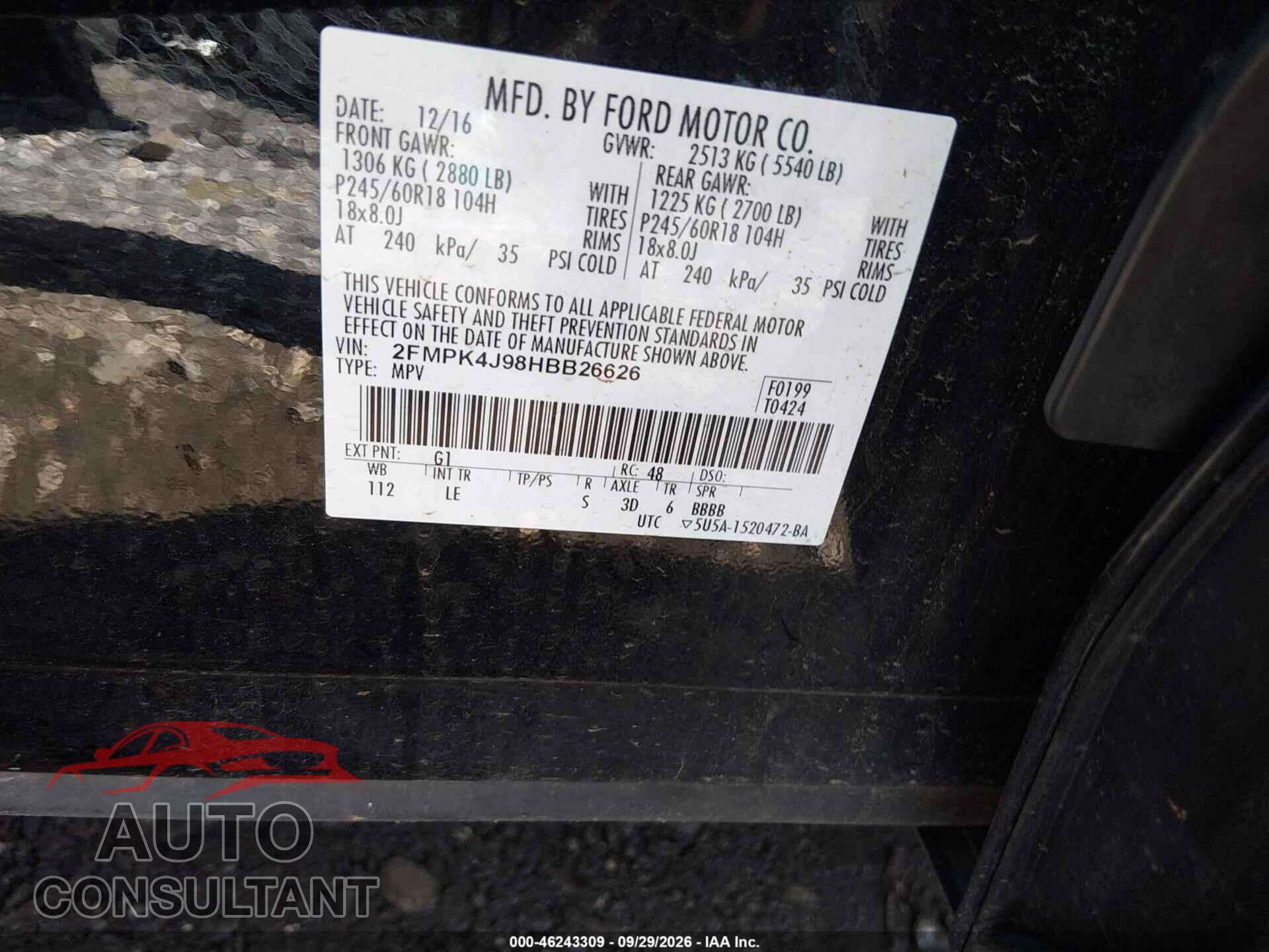 FORD EDGE 2017 - 2FMPK4J98HBB26626
