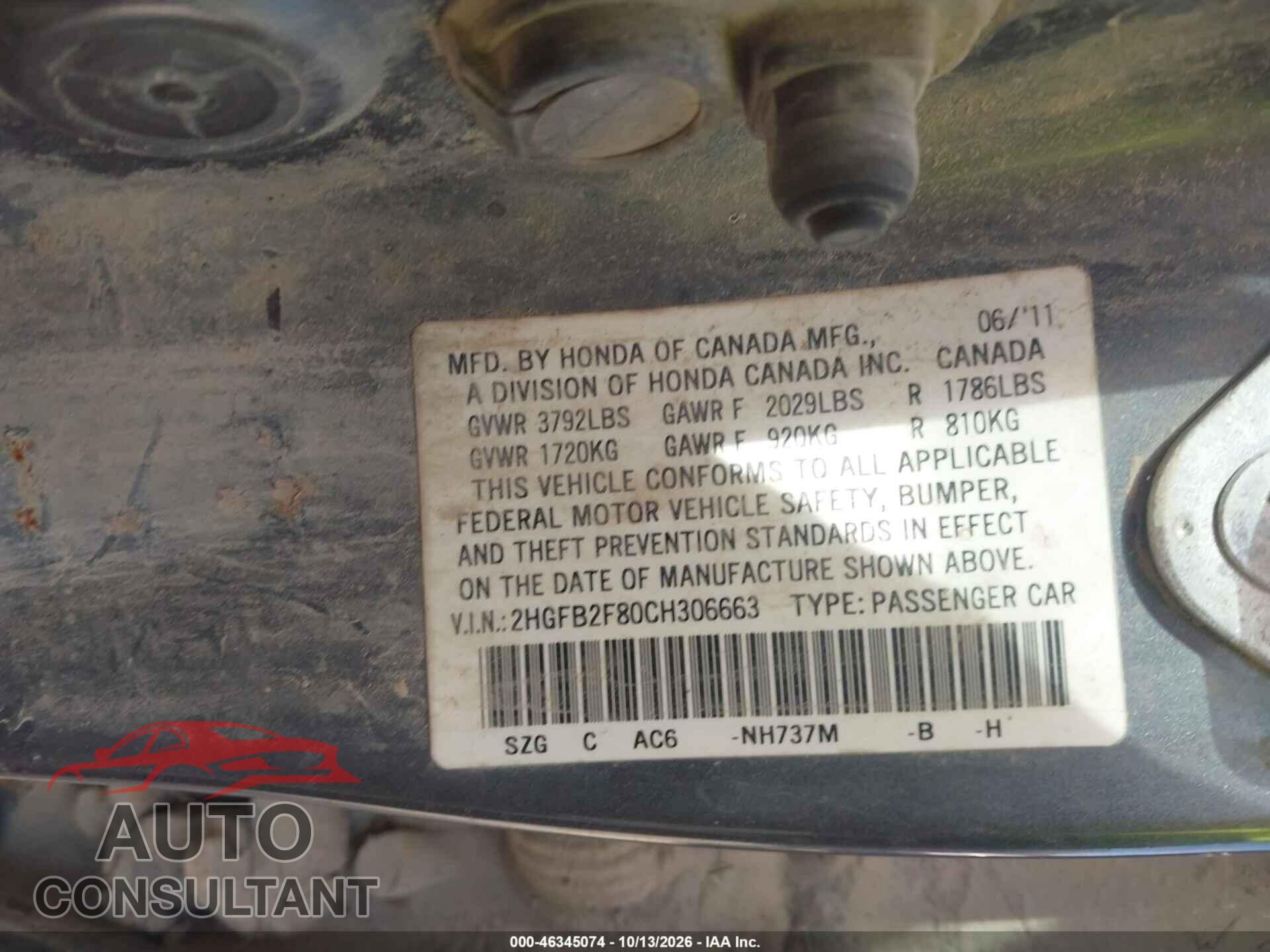 HONDA CIVIC 2012 - 2HGFB2F80CH306663