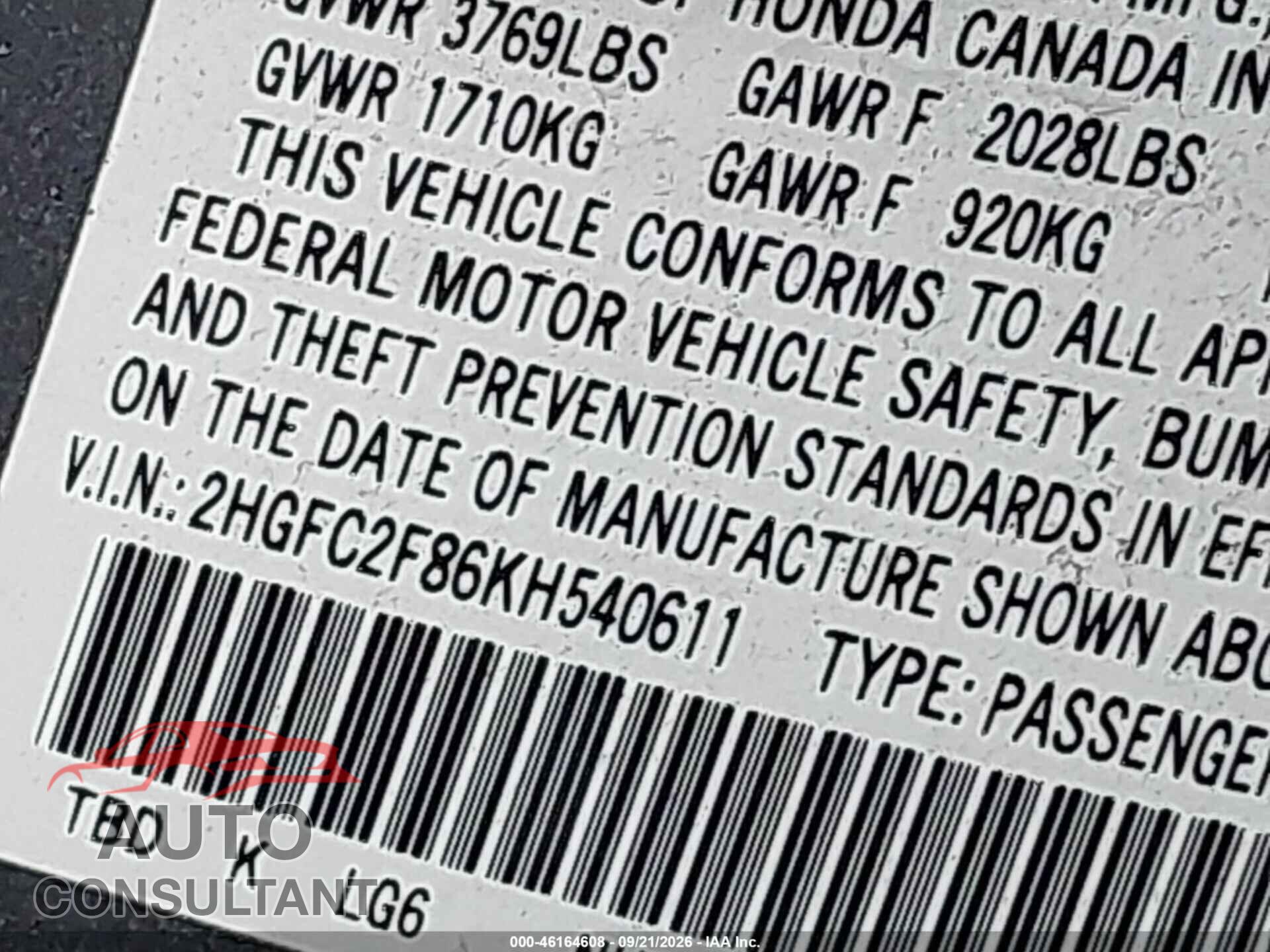 HONDA CIVIC 2019 - 2HGFC2F86KH540611