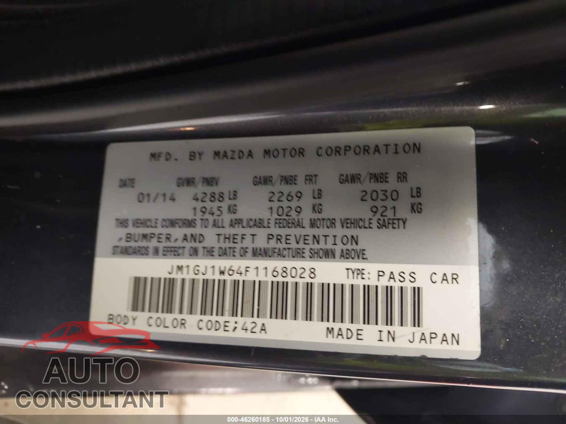 MAZDA MAZDA6 2015 - JM1GJ1W64F1168028