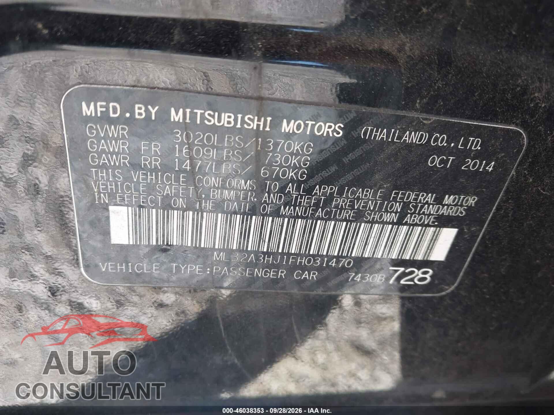 MITSUBISHI MIRAGE 2015 - ML32A3HJ1FH031470