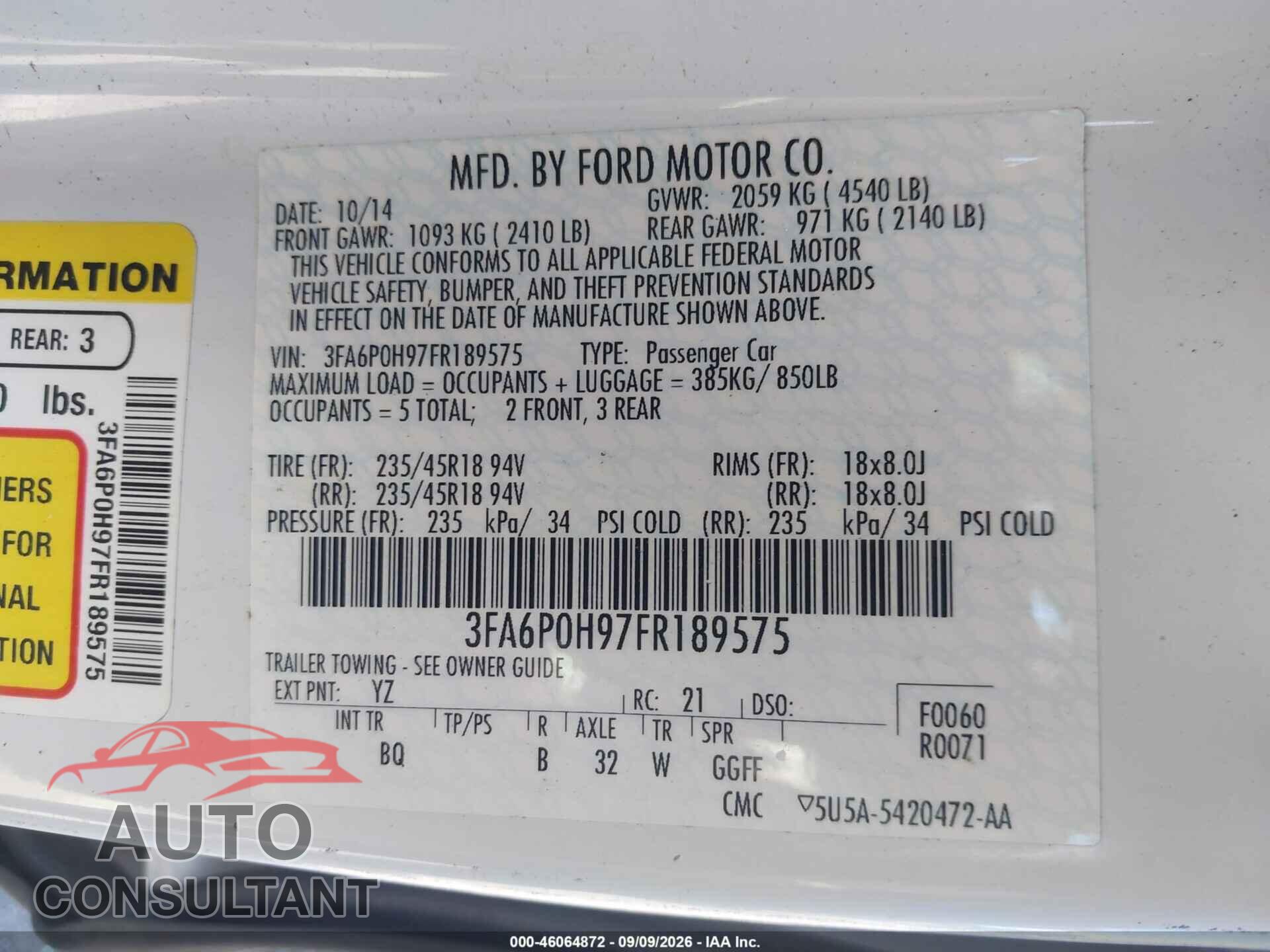 FORD FUSION 2015 - 3FA6P0H97FR189575