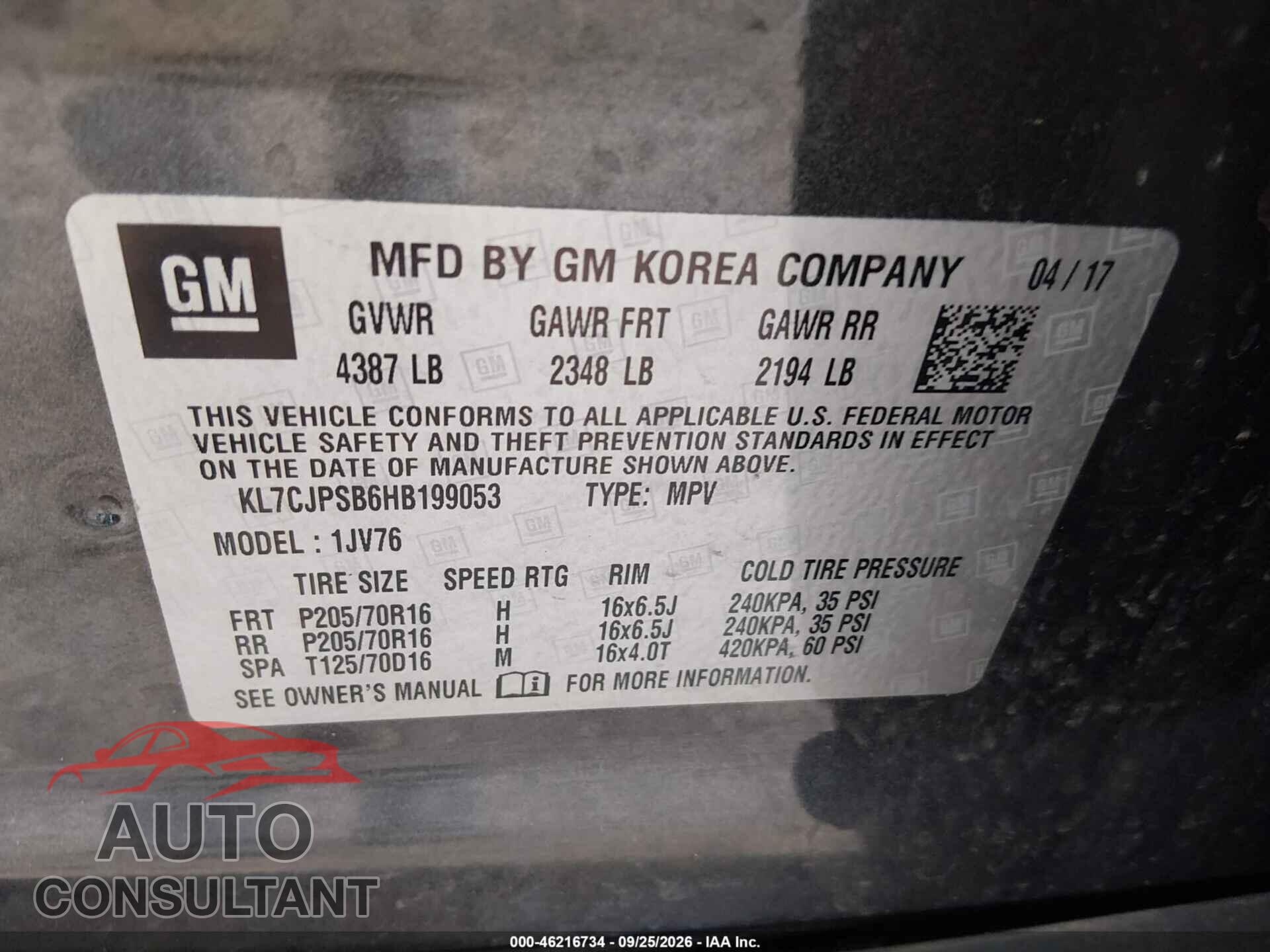 CHEVROLET TRAX 2017 - KL7CJPSB6HB199053