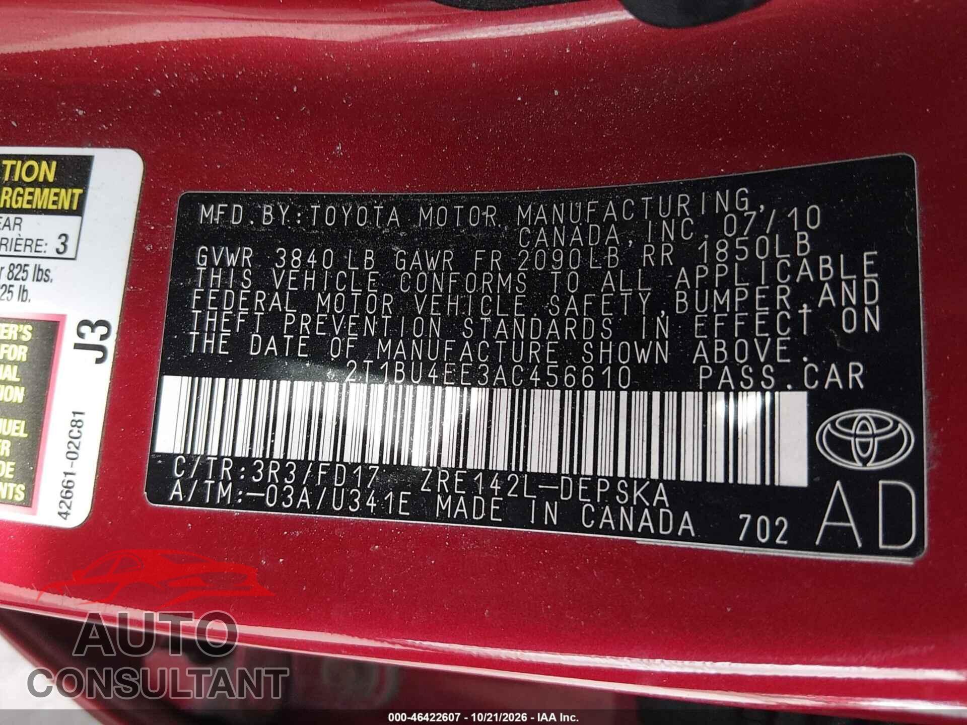 TOYOTA COROLLA 2010 - 2T1BU4EE3AC456610