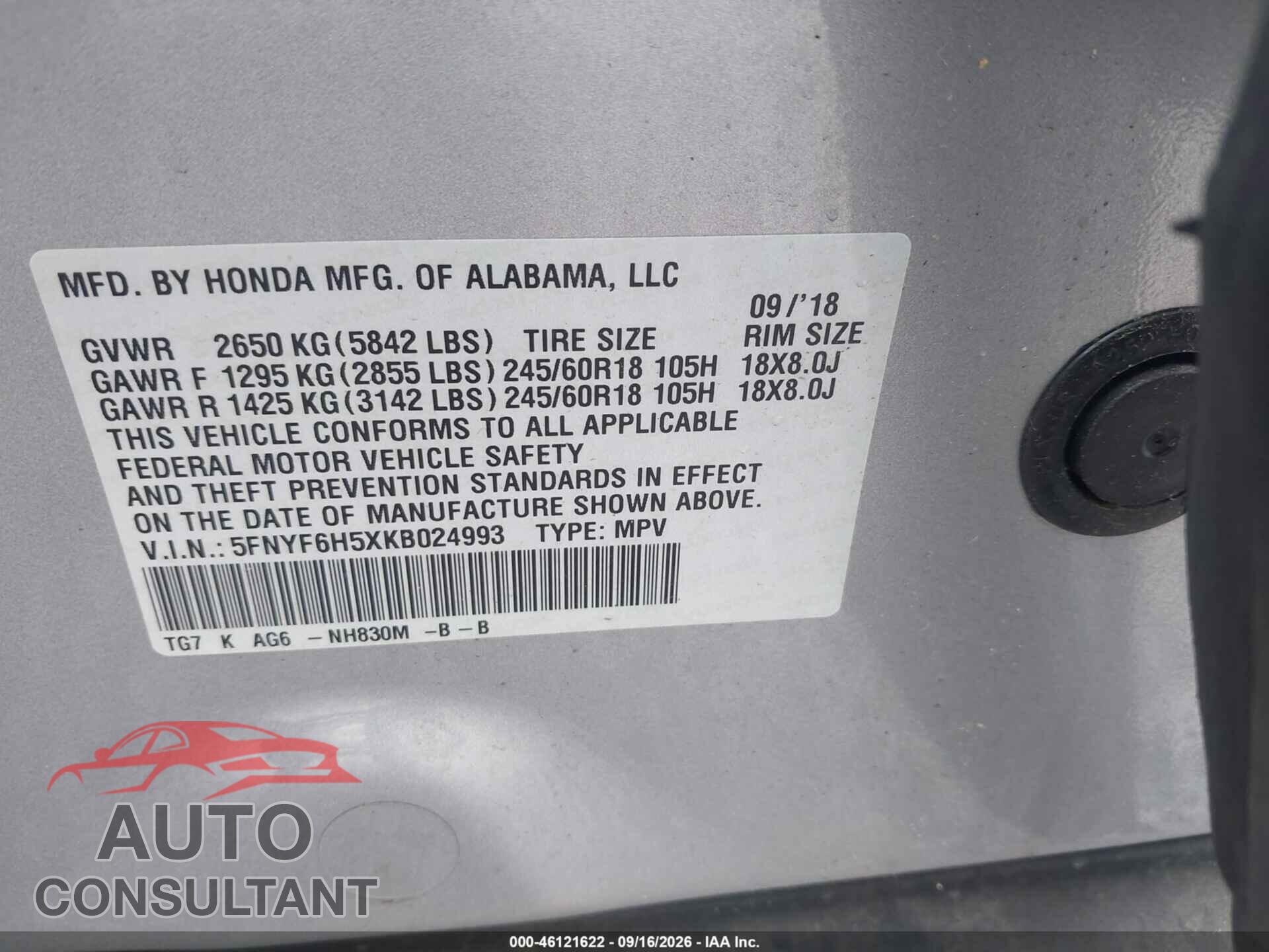 HONDA PILOT 2019 - 5FNYF6H5XKB024993