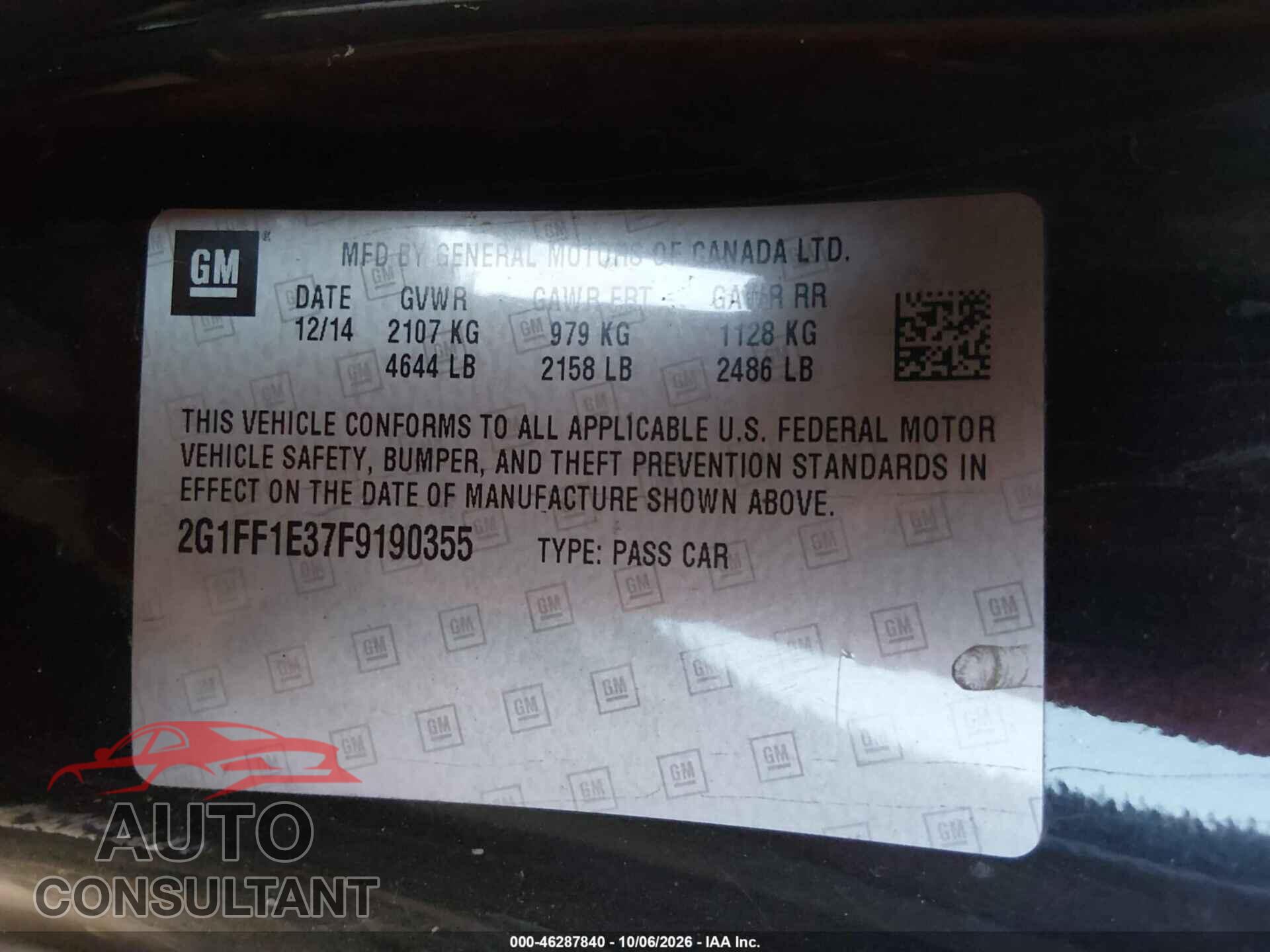 CHEVROLET CAMARO 2015 - 2G1FF1E37F9190355