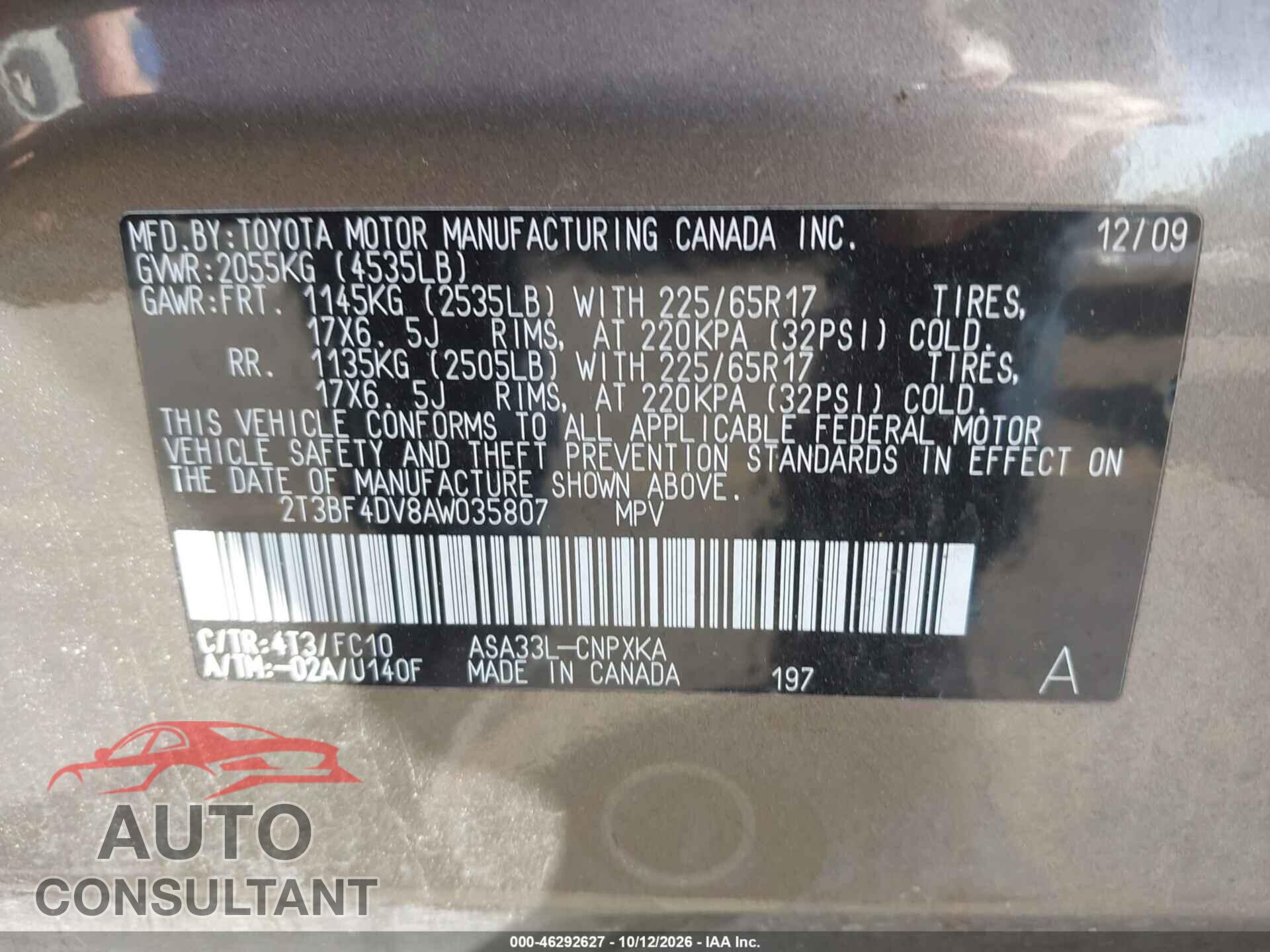 TOYOTA RAV4 2010 - 2T3BF4DV8AW035807