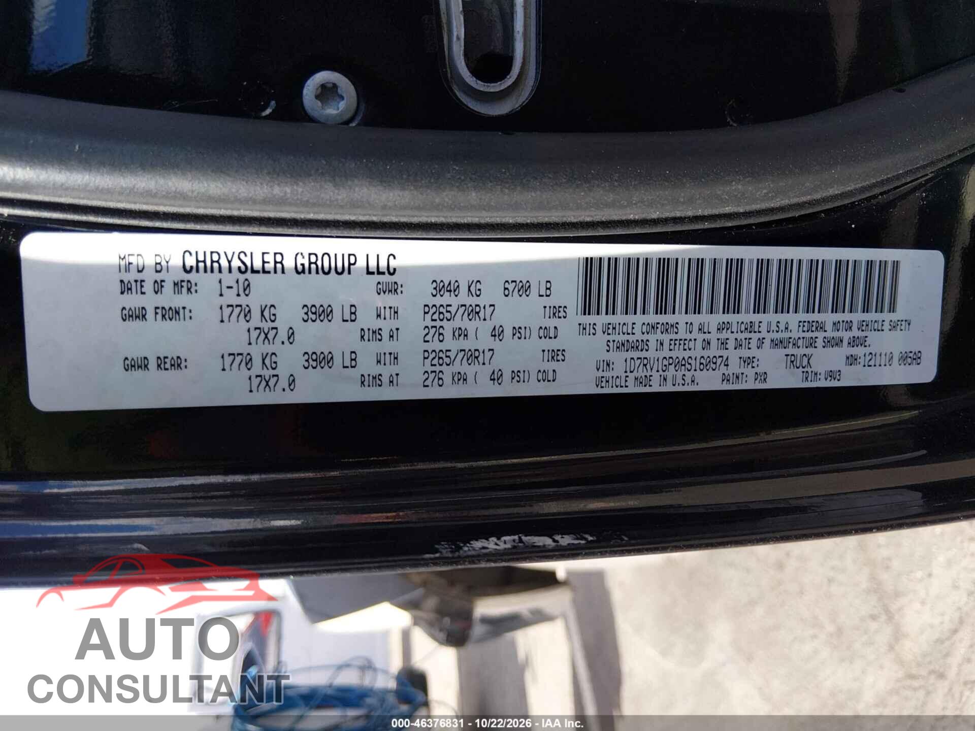 DODGE RAM 1500 2010 - 1D7RV1GP0AS160974