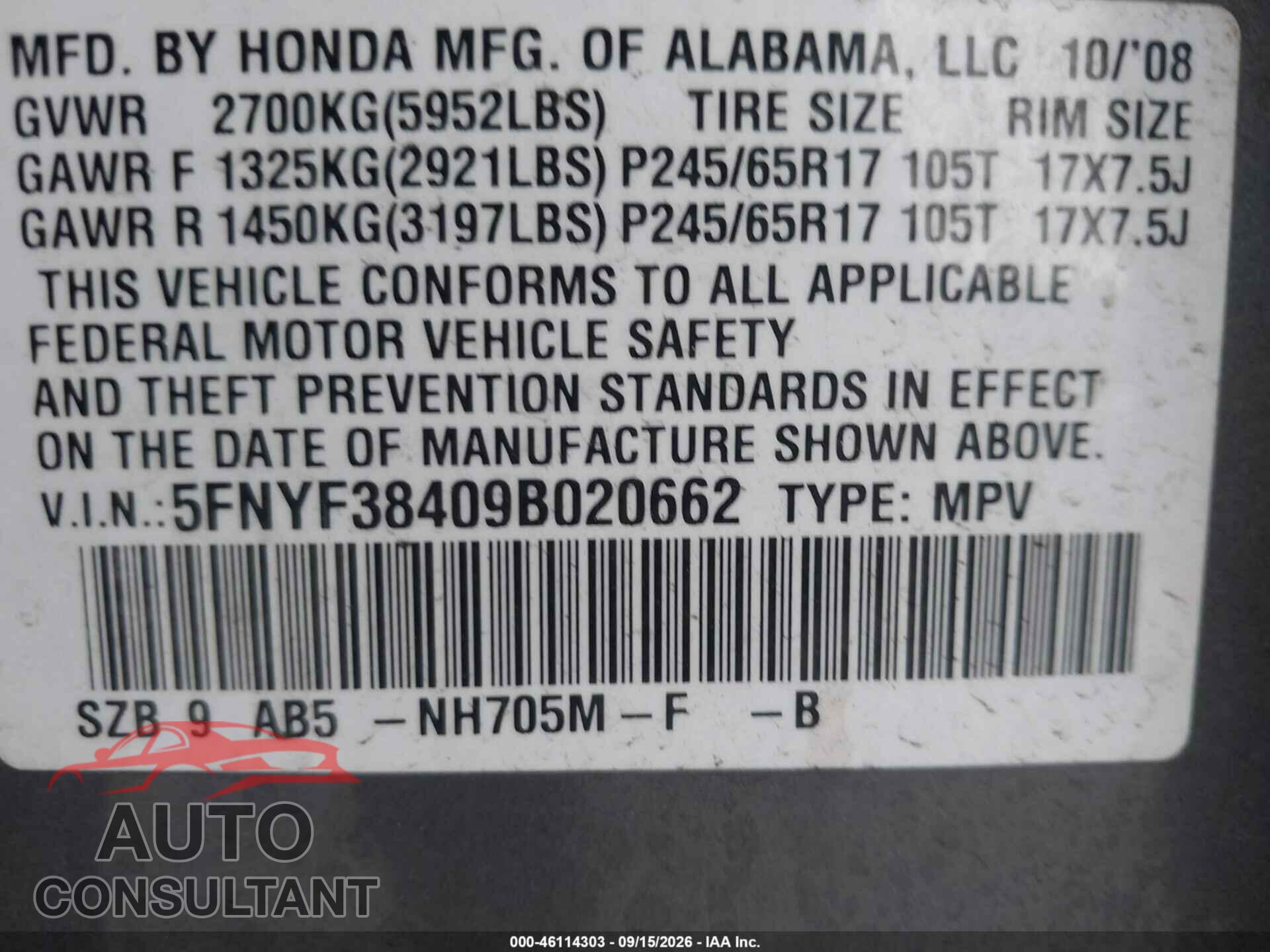 HONDA PILOT 2009 - 5FNYF38409B020662