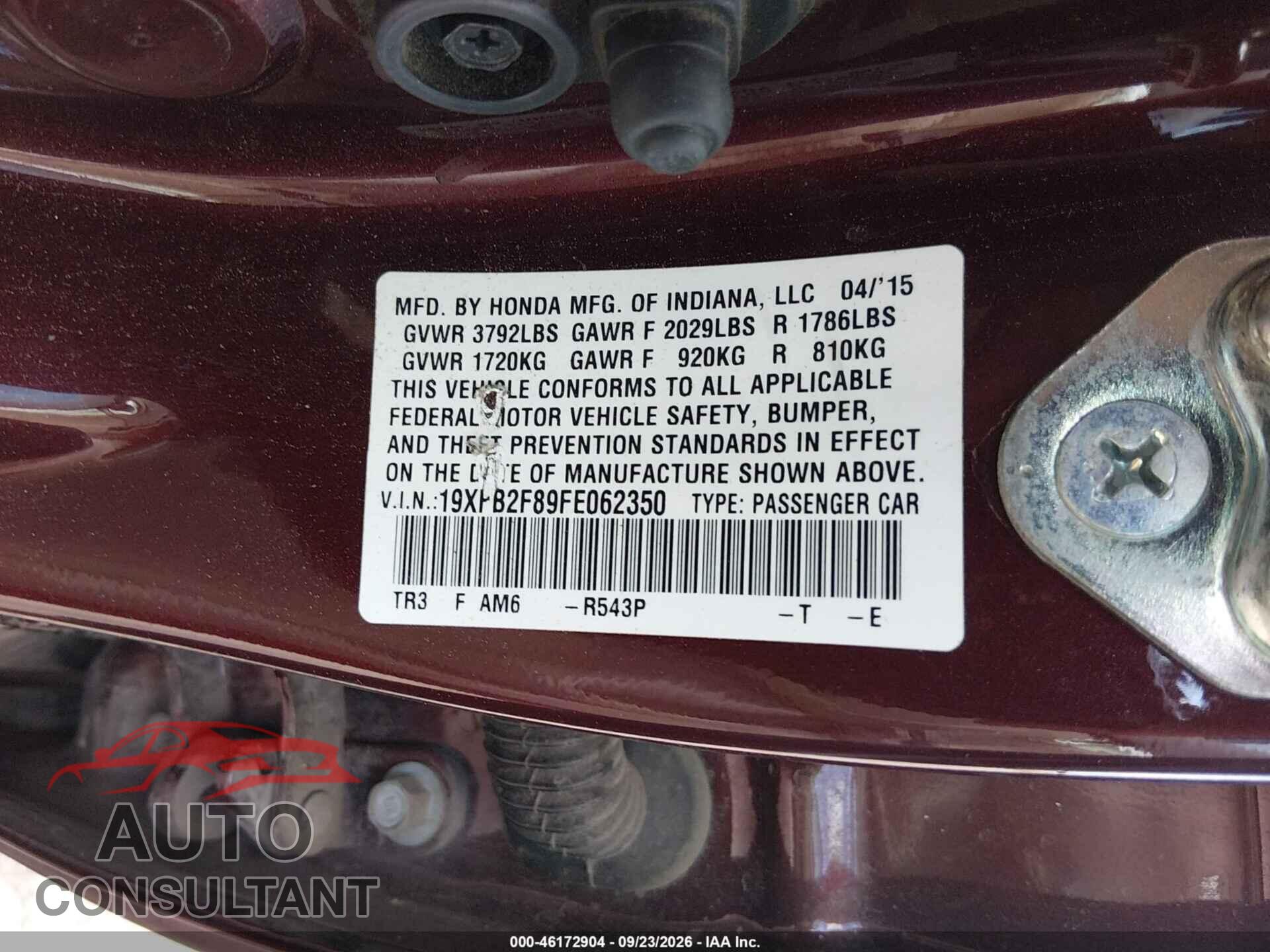 HONDA CIVIC 2015 - 19XFB2F89FE062350