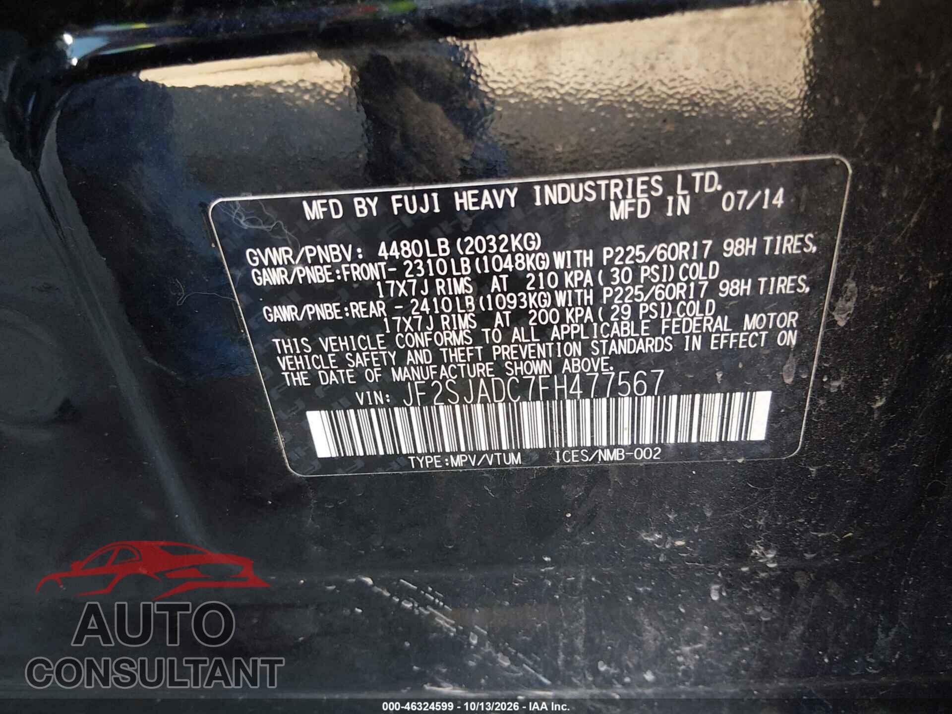 SUBARU FORESTER 2015 - JF2SJADC7FH477567