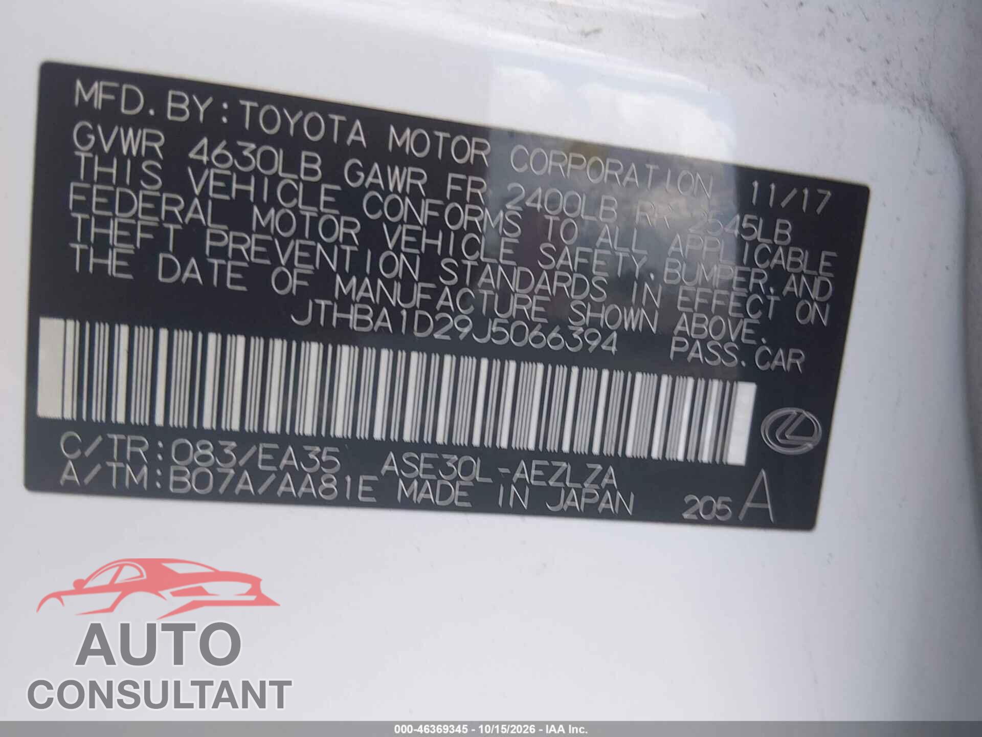 LEXUS IS 300 2018 - JTHBA1D29J5066394