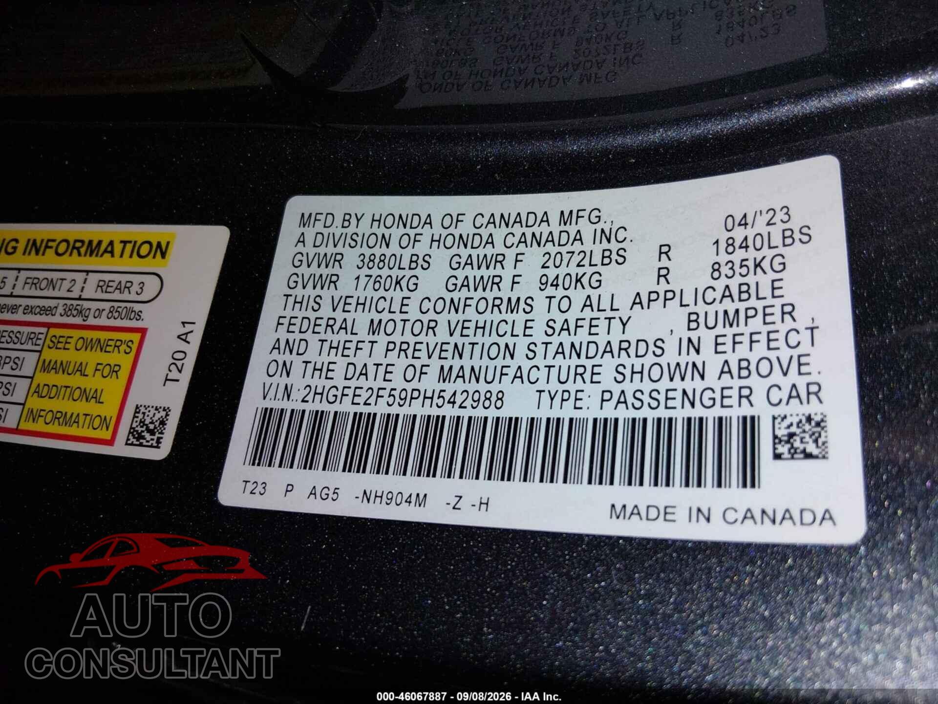 HONDA CIVIC 2023 - 2HGFE2F59PH542988