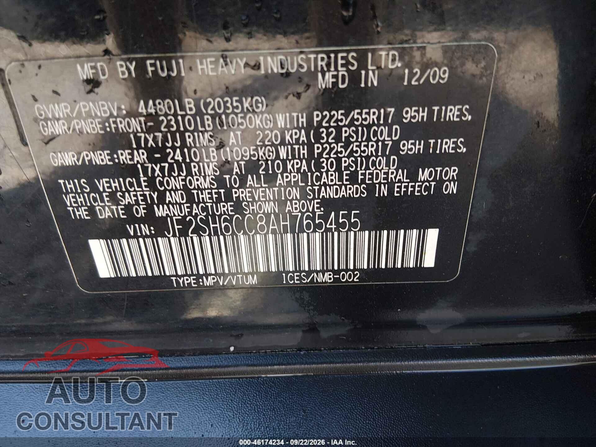 SUBARU FORESTER 2010 - JF2SH6CC8AH765455