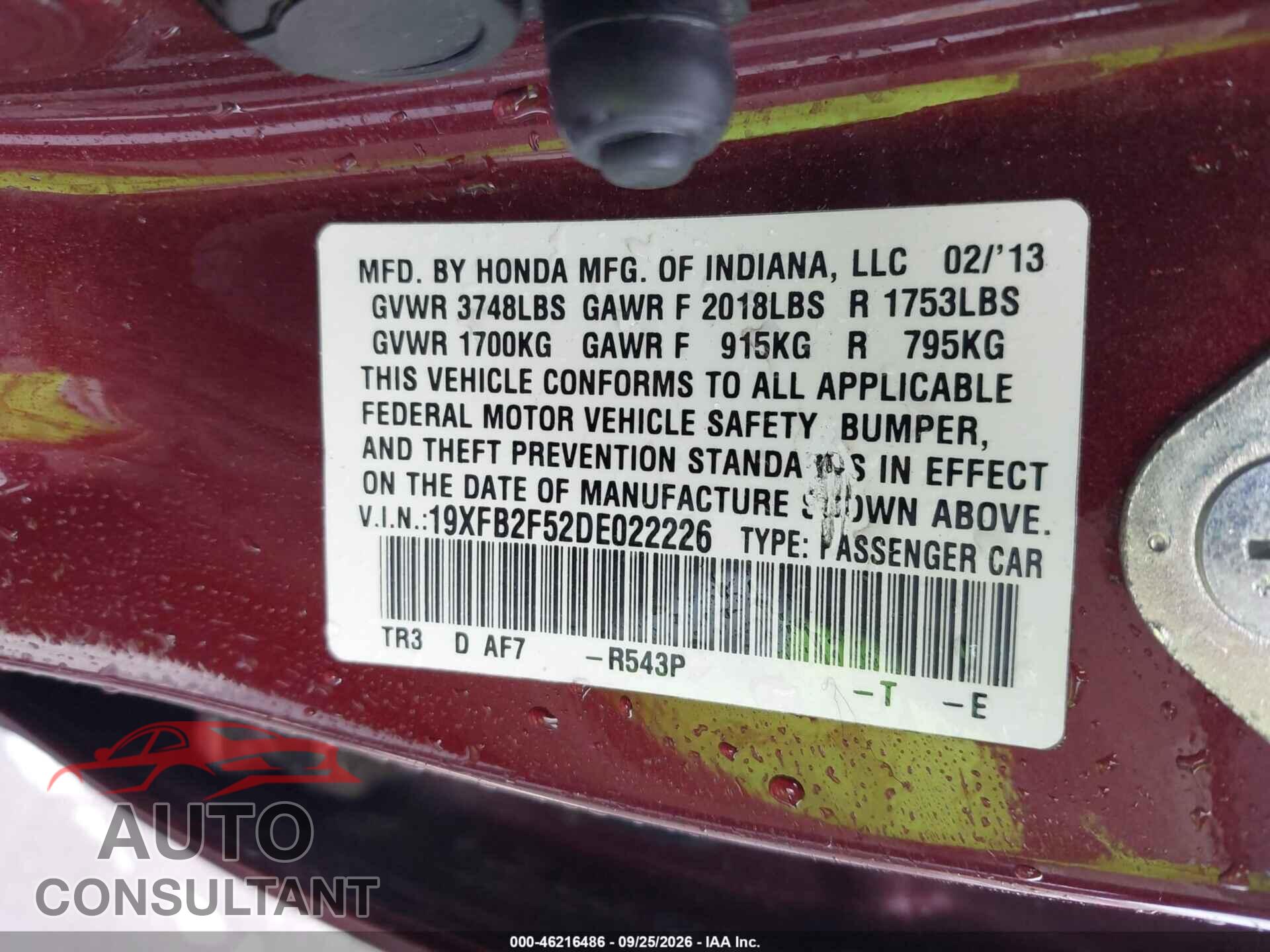 HONDA CIVIC 2013 - 19XFB2F52DE022226