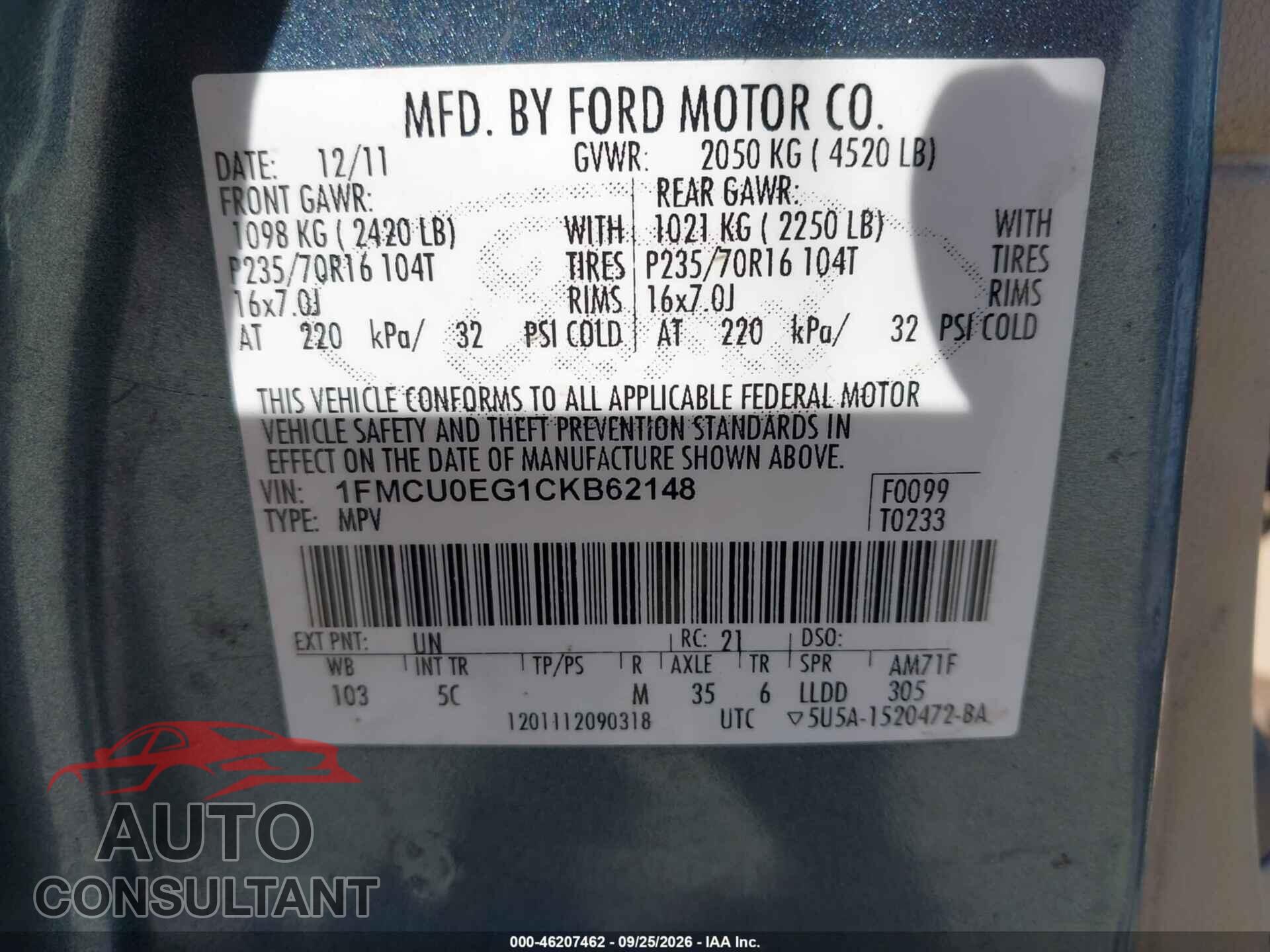 FORD ESCAPE 2012 - 1FMCU0EG1CKB62148