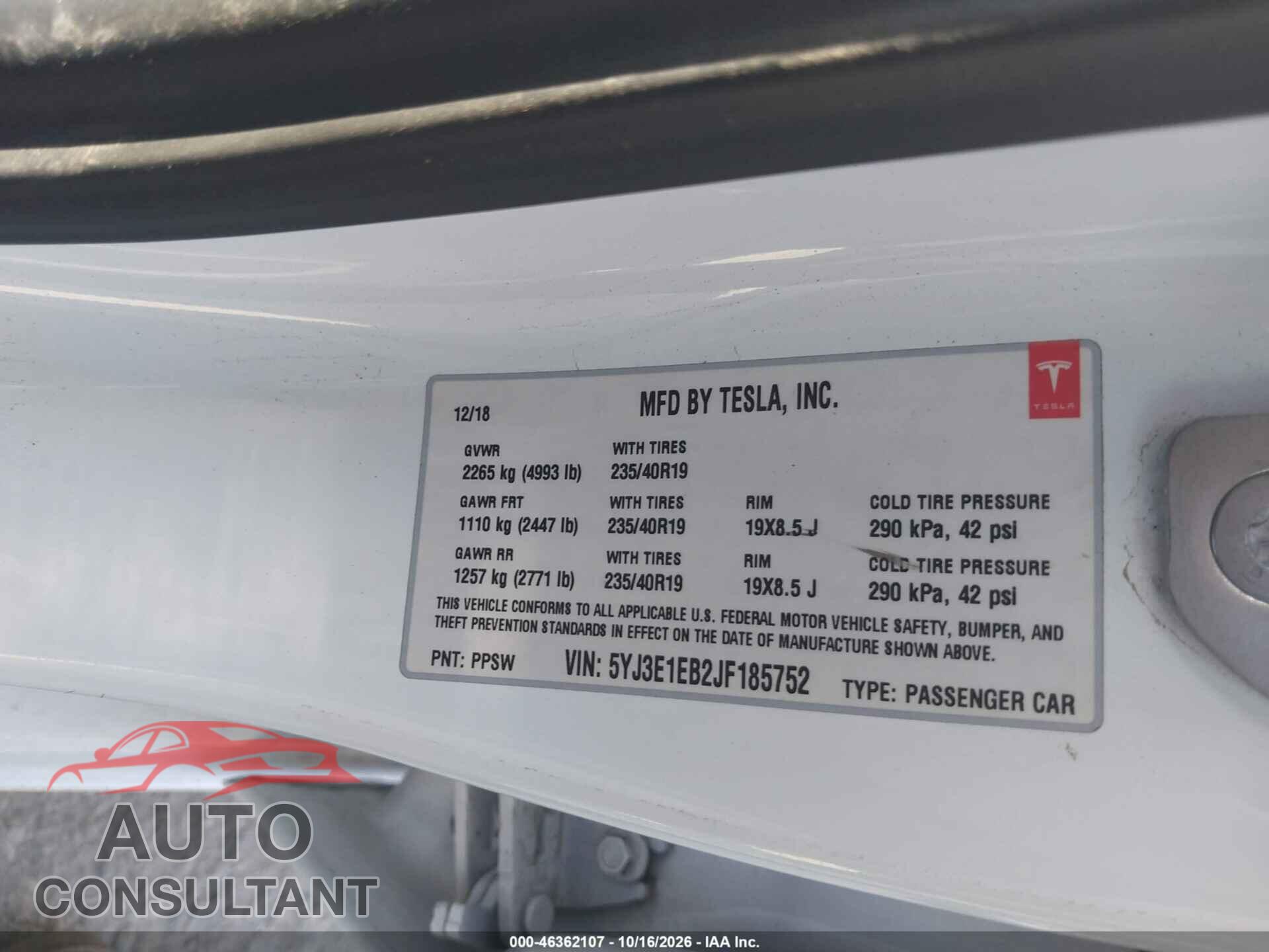 TESLA MODEL 3 2018 - 5YJ3E1EB2JF185752