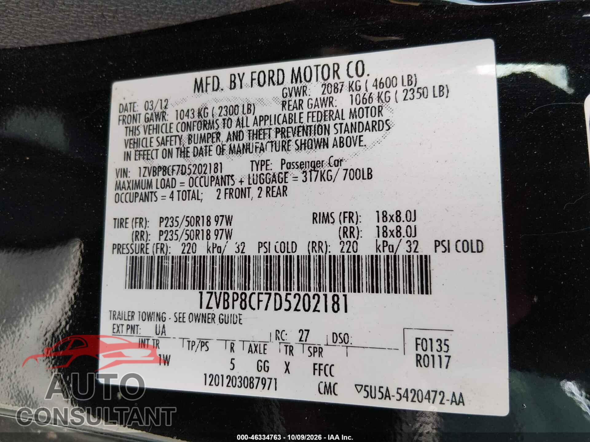 FORD MUSTANG 2013 - 1ZVBP8CF7D5202181