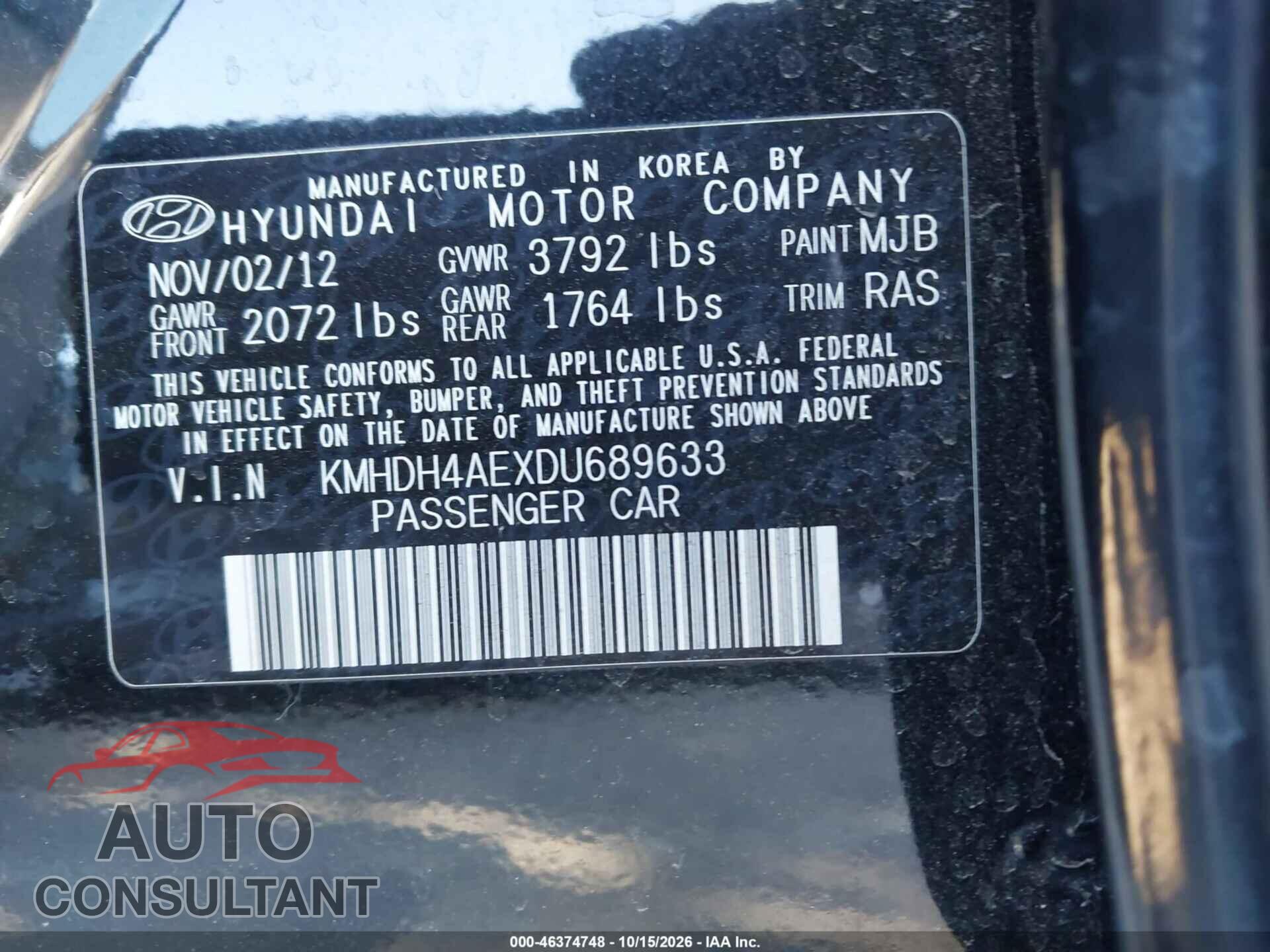 HYUNDAI ELANTRA 2013 - KMHDH4AEXDU689633