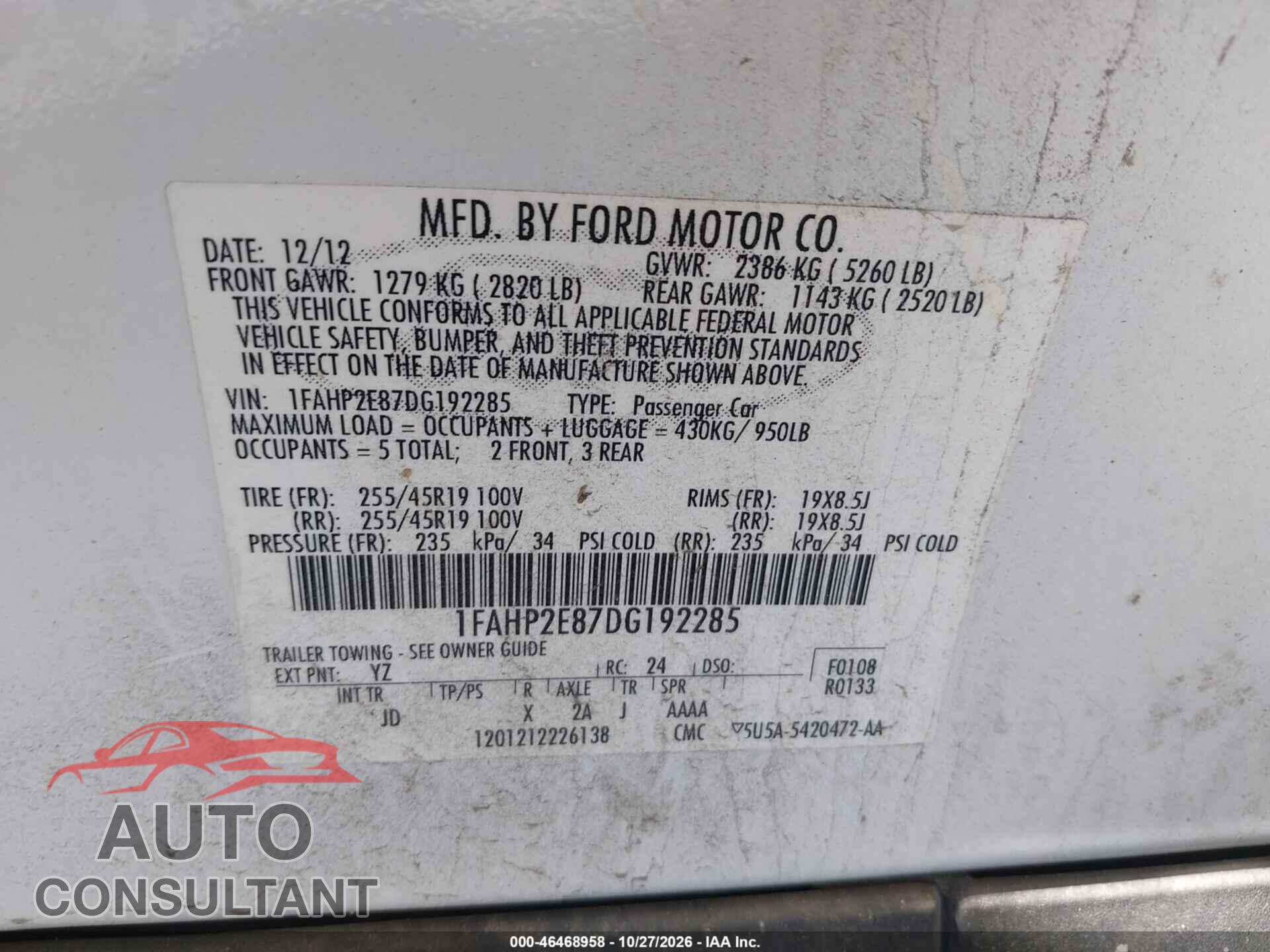 FORD TAURUS 2013 - 1FAHP2E87DG192285