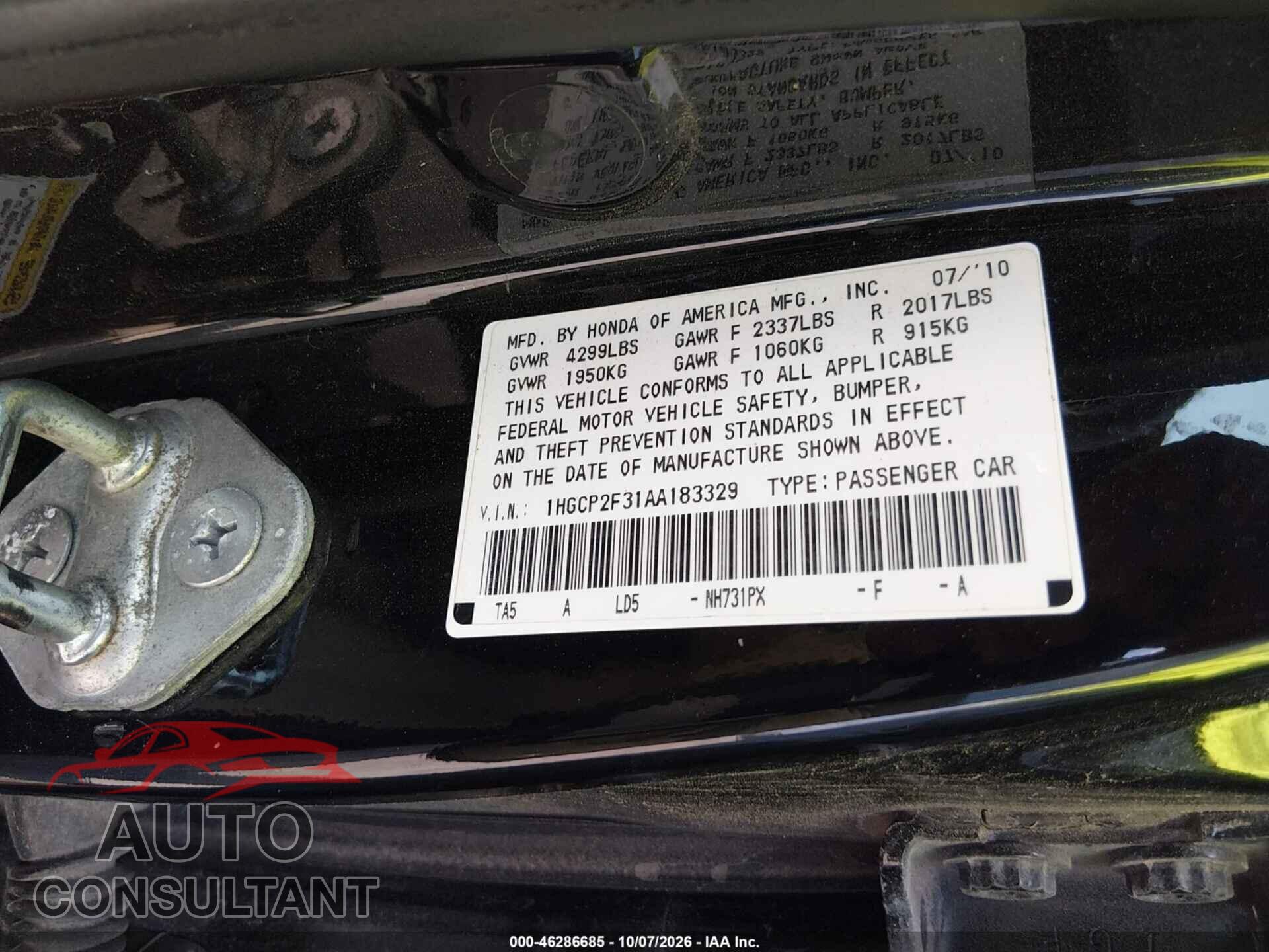 HONDA ACCORD 2010 - 1HGCP2F31AA183329