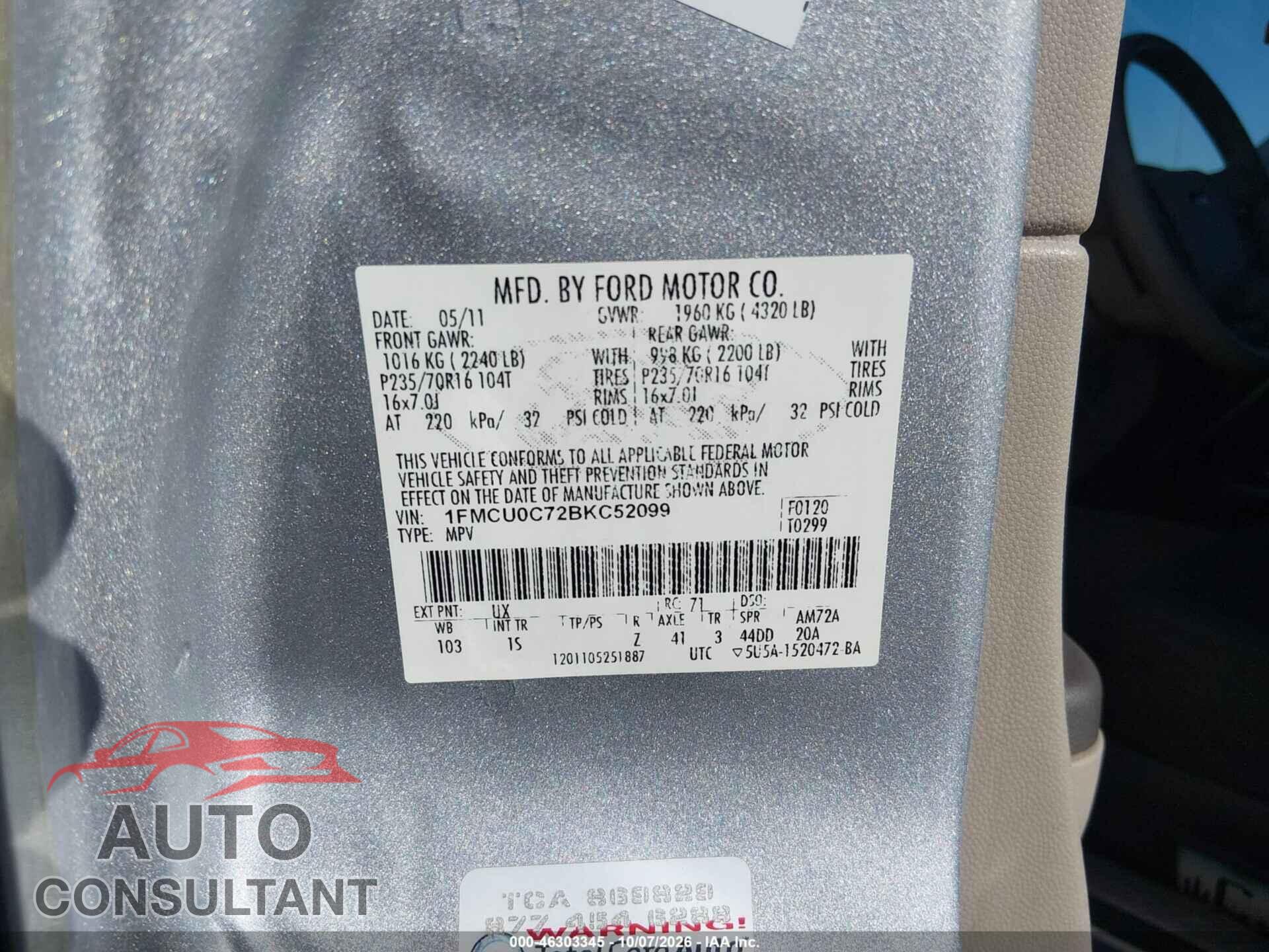 FORD ESCAPE 2011 - 1FMCU0C72BKC52099