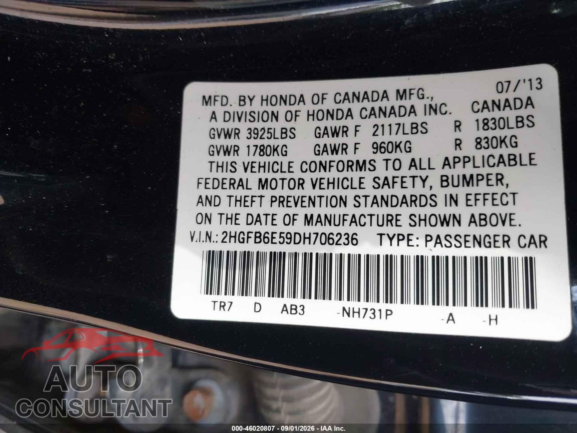 HONDA CIVIC 2013 - 2HGFB6E59DH706236