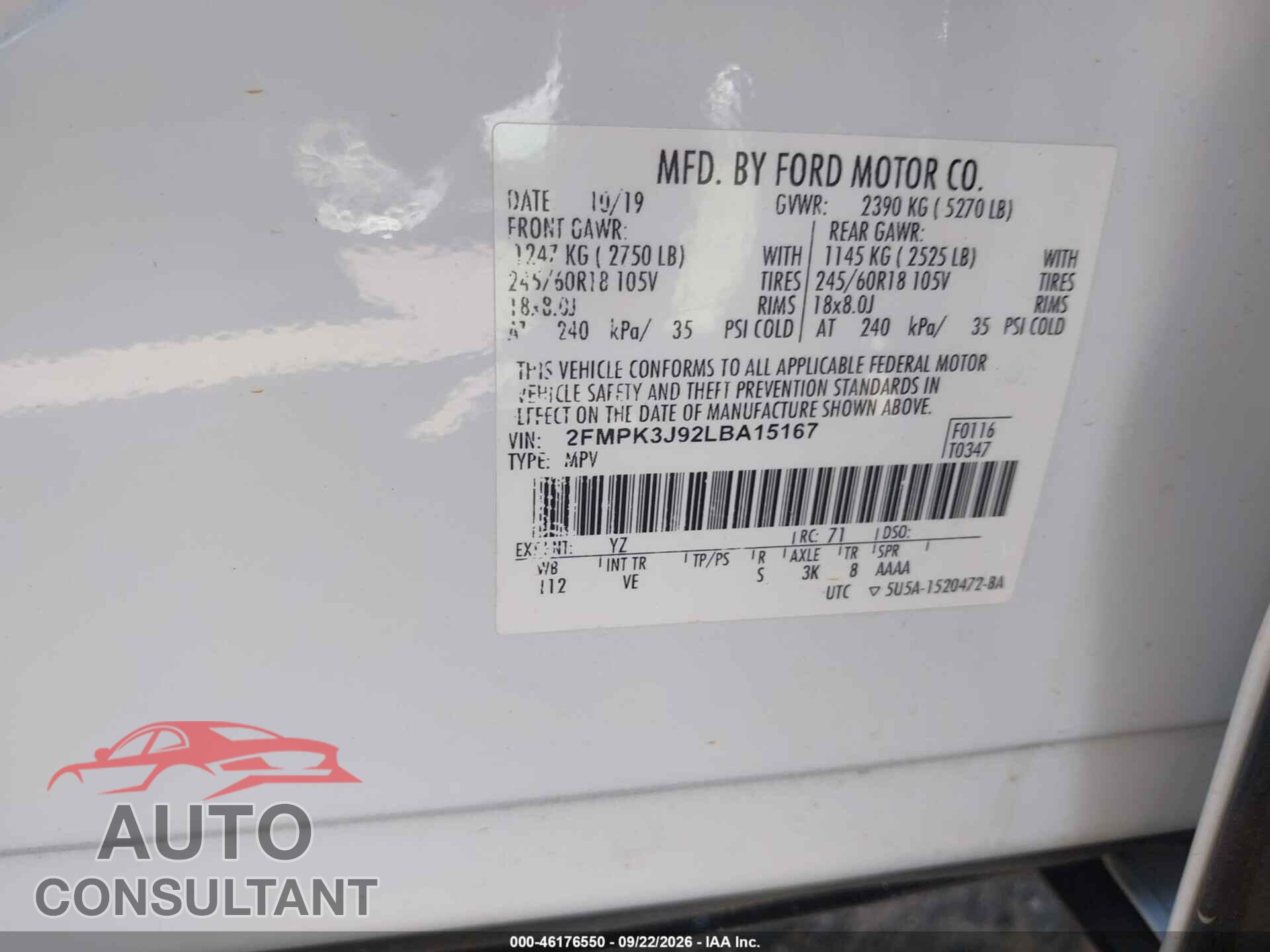 FORD EDGE 2020 - 2FMPK3J92LBA15167