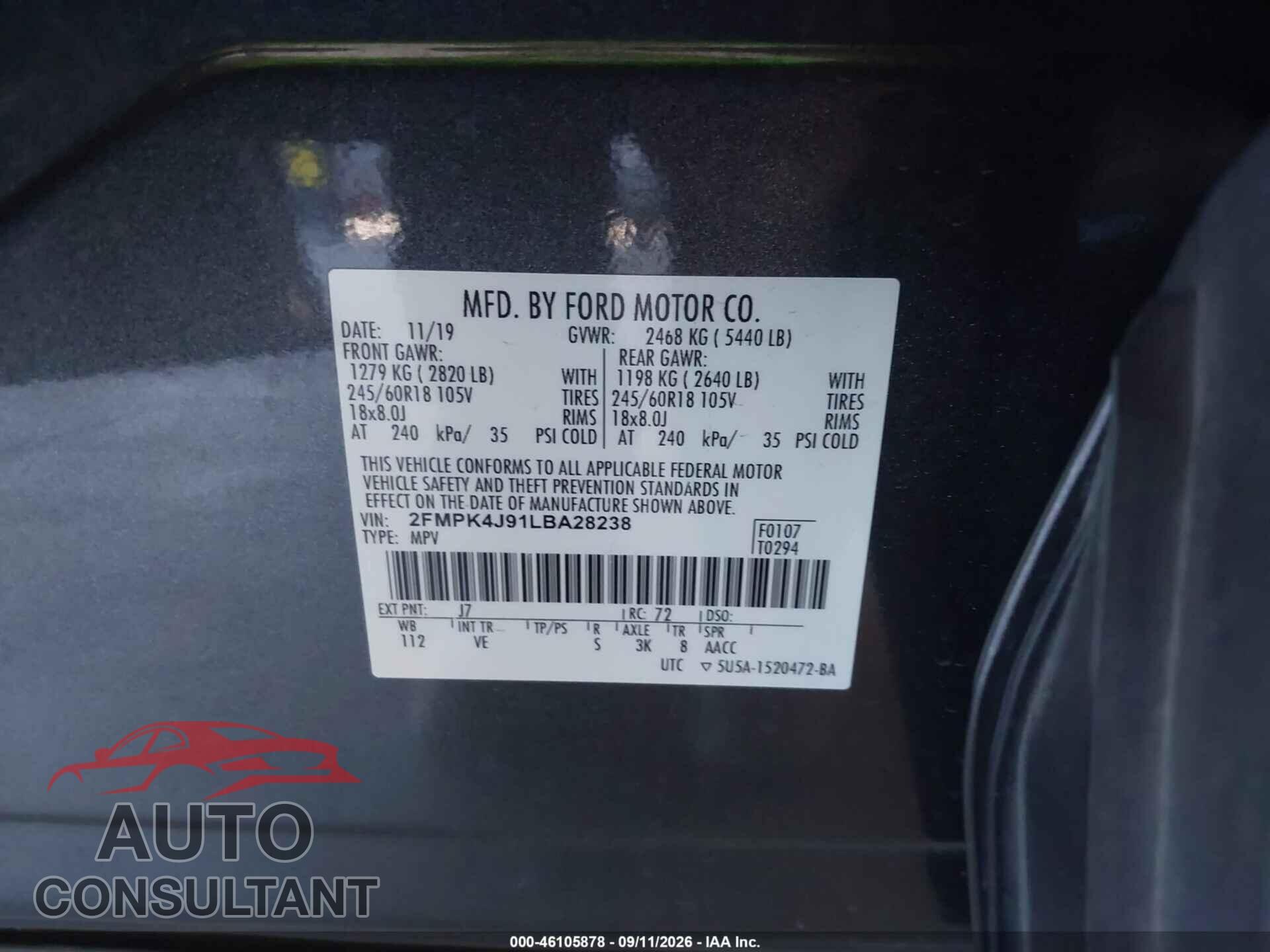 FORD EDGE 2020 - 2FMPK4J91LBA28238