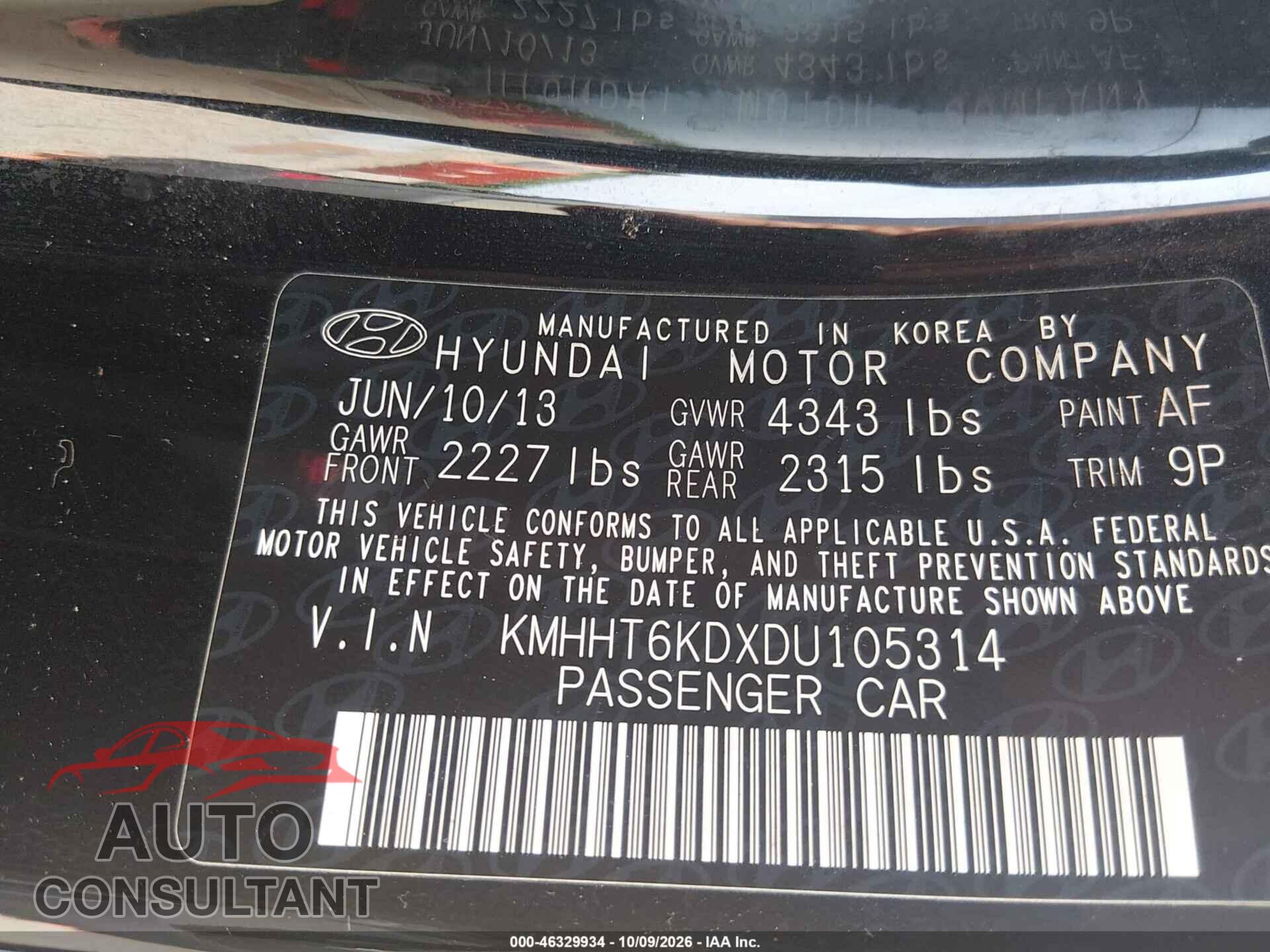 HYUNDAI GENESIS 2013 - KMHHT6KDXDU105314