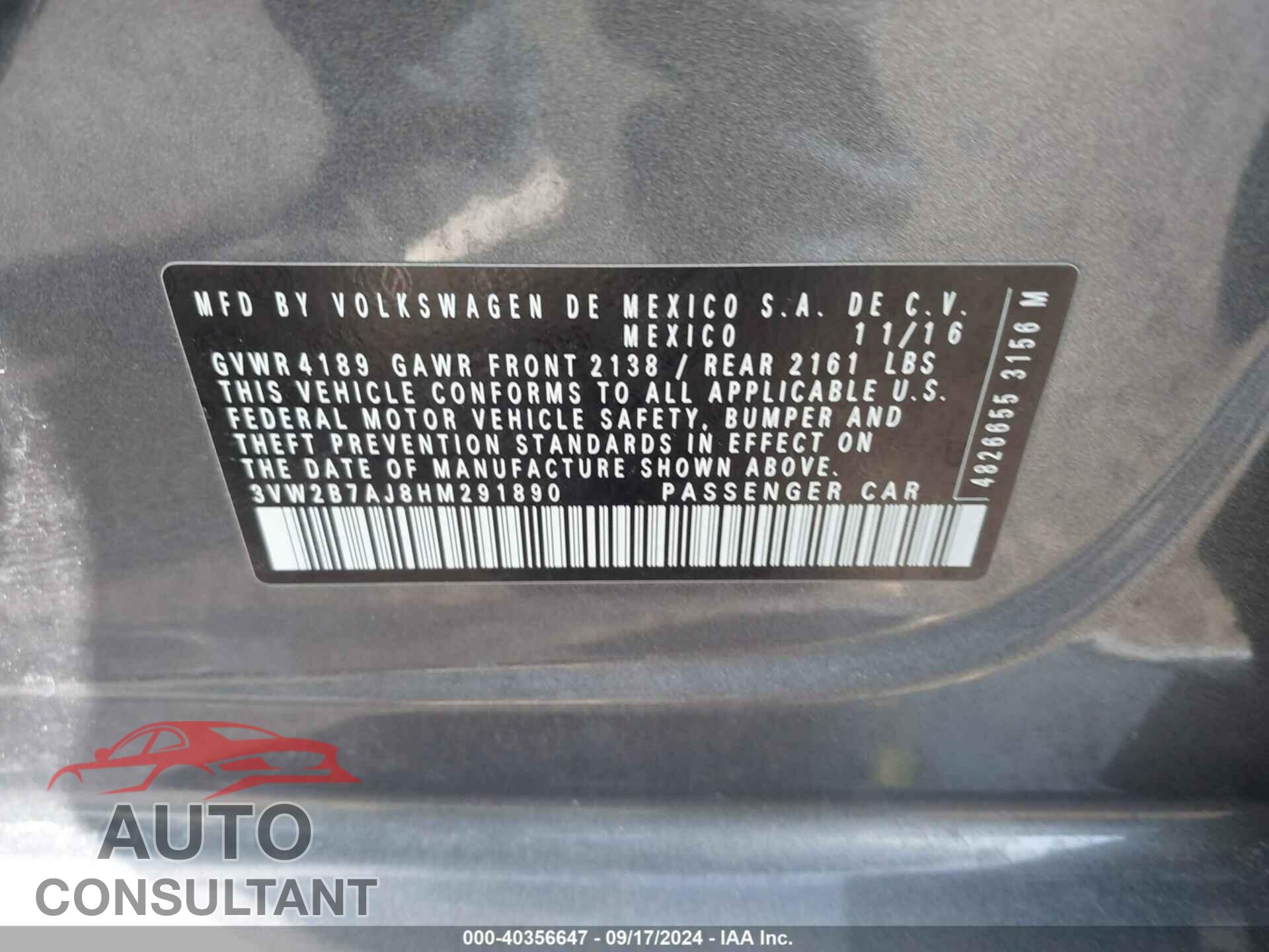 VOLKSWAGEN JETTA 2017 - 3VW2B7AJ8HM291890