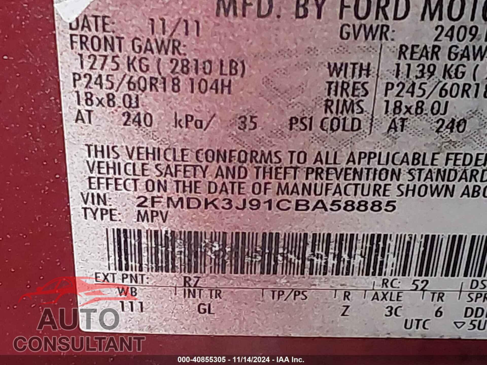 FORD EDGE 2012 - 2FMDK3J91CBA58885